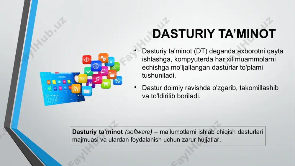 mumiy dasturlar quyidagilar bo'lish mumkin: tahrirlovchilar ma'lumotlar bazasi va axborot tizimlari komunikatsion dasturlar multimediya dasturlari tarjima dasturlari, elektron lug'atlar va ensiklopediyalar, imlo tekshirgichlari, matnni aniqlash integratsiyalashgan paketlar tahrirlovchilar tahrirlovchilar ma'lum bir shakildagi taqdim etilgan ma'lumotlarni qayta ishlashga imkon beradi: matn, grafik, tovushli, raqamli. qayta ishlangan ma'lumot taqdim etish shakliga ko'ra tahrirlovchi dasturlar quyidagilarga bo'linadi: matn muharrirlari - bu matn shaklida taqdim etilgan ma'lumotlar bilan ishlaydi. grafik muharrirlar - bu grafik turdagi malumotlarni tahrirlaydi. grafik tahrirlovchilar raster va vektorlarli bo'lishi mumkin. ovoz va musiqa tahrirlovchilari - tovush va musiqalarni qayta ishlashga va tahrirlashga mo`ljallangan. elektron jadval muharrirlari - elektron jadval shaklida taqdim etilgan ma'lumotlarni hisob-kitoblarini avtomatlashtirish uchun mo'ljallangan. axborot tizimlari va ma'lumotlar bazalari axborot tizimlari axborotni to'plash, saqlash va olish uchun mo'ljallangan. har bir axborot tizimida inson faoliyatining muayyan turiga yoki muayyan vazifalar va muammolarga oid ma'lumotlar mavjud. ma'lumotlar bazasini boshqarish tizimlari ma'lumotlar bazalarida joylashgan ma'lumotlarni boshqarish uchun mo'ljallangan. ular ma'lumotlar …