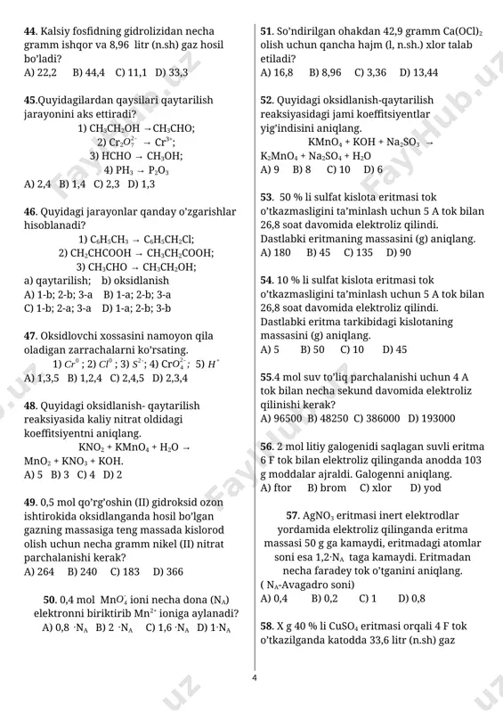 shda 3:4 bo’lsa, konsentratsiyasi katta eritma hajmini (litr) aniqlang. a) 21 b) 24 c) 14 d) 16 37. qaysi tuzlar ham kation, ham anion bo’yicha gidrolizga uchraydi? a) kaliy sulfat, bariy nitrat b) aluminiy sulfid, ammoniy atsetat c) aluminiy nitrat, rux sulfat d) natriy atsetat, kalsiy nitrit 38.quyida berilgan tuzlardan qaysilari gidrolizga uchramaydi? a) kaliy sulfat, bariy nitrat b) natriy atsetat, kalsiy nitrit c) temir (iii) xlorid, mis (ii) sulfat d) aluminiy sulfid, ammoniy atsetat 39.ma’lum hajmdagi suvda sulfat angidrid eritildi. ushbu jarayon uchun quyidagilardan qaysilari noto’g’ri? 1) ph ortadi; 2) h+ ionlari ortadi; 3) ph kamayadi; 4) oh- ionlari ortadi. a ) 2,4 b) 2,3 c) 1,2 d) 1,4 40. ma’lum hajmdagi suvda azot (iv) oksid eritildi. ushbu jarayon uchun quyidagilardan qaysilari noto’g’ri? 1) ph kamayadi; 2) h+ ionlari ortadi; 3) ph ortadi ; 4) oh- ionlari ortadi. a ) 1,2 b) 2,4 c) 3,4 d) 2,3 41. al2(so4)3 …