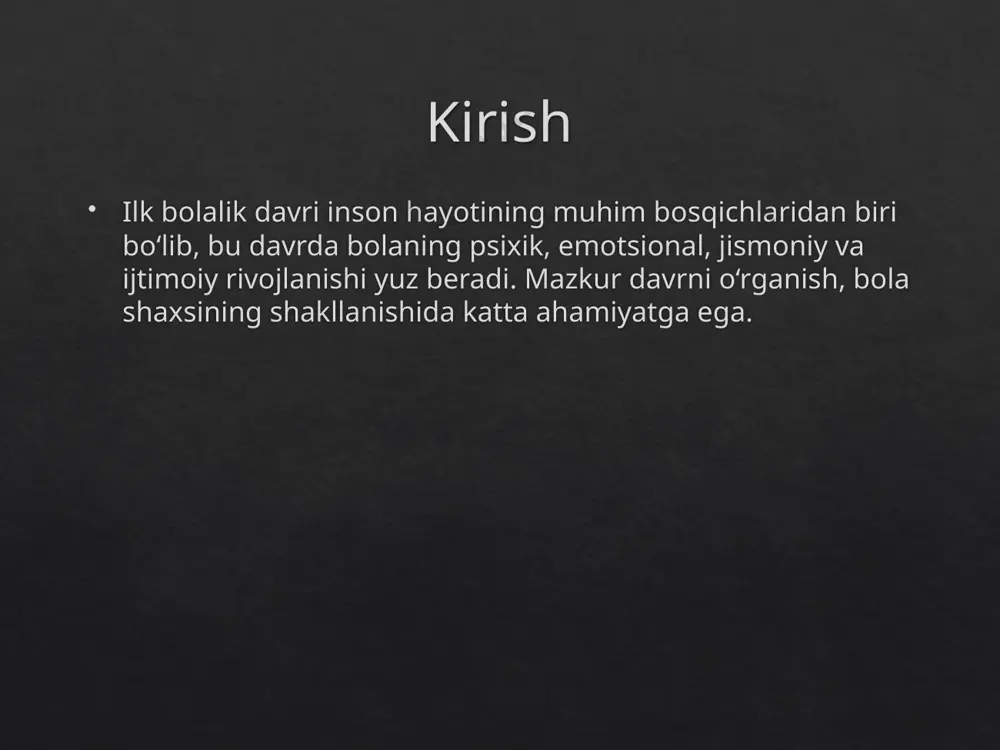 injiqlik, so‘rashga bo‘lgan ehtiyoj kuchayishi, kattalarning e’tiboriga bo‘lgan ehtiyoj psixologik muammolar keltirib chiqarishi mumkin. erta aralashuv agar muammolar erta aniqlansa, psixologik yondashuvlar orqali yechish mumkin. bu esa bola kelajagiga ijobiy ta’sir ko‘rsatadi. kuzatuv va test metodlari psixologlar bolaning xulq-atvori, emotsional holati, o‘yin faoliyati orqali uni tahlil qilishadi. loyihaviy testlar ham qo‘llaniladi. e’tibor va mehr har bir bola individual. unga mehr, e’tibor va sabr bilan yondashish – muvaffaqiyatli tarbiyaning kalitidir. xulosa ilk bolalik davrida bola psixik va jismoniy jihatdan faol rivojlanadi. bu bosqichda unga to‘g‘ri tarbiya va e’tibor berilishi muhim. foydalanildan adabiyotlar 1. g‘oziev e.g. – bolalar psixologiyasi 2. hasanboyeva o. – ilk yoshdagi bolalar psixologiyasi 3. internet manbalari 4. psixologiya darsliklari glossari • ilk bolalik davri – 1-3 yosh oralig‘i • nutq rivojlanishi – so‘zlash, gap tuzish • motorika – tana harakatlari, ayniqsa barmoqlar • emotsional rivojlanish – his-tuyg‘ularni anglash • sensor rivojlanish – ko‘rish, eshitish kabi sezgilarning rivoji • …