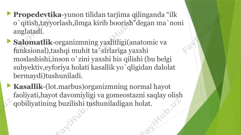 namnez[yunoncha “xotira”degan ma`noni anglatadi] yig`ish:bemor shikoyatlari va bemorning aytib bergan so`zlari asosida-subyektiv) 2.ko`zdan kechirish(obyektiv ko`ruv): -palpatsiya -perkussiya -auskultatsiya so`rab surishtirish 1.passport ma`lumotlari 2.bemor shikoyatlari 3.kasallik tarixi(anamnezi)-anamnesis morbi 4.hayot tarixi(anamnezi)-anamnesis vitae 5.epidemiologik anamnez 6.allergik anamnez 7.irsiy kasalliklar haqida anamnez ko`rikdan o`tkazish status preasens-bemorni umumiy ko`rikdan o`tkazish:yuz ifodasi,gavda tuzilishi,bemor holatiga e`tibor bergan holda tana haroratini o`lchash,palpatsiya,perkussiya,auskultativ tekshiruvlarni o`z ichiga oladi. bemor shikoyatlari asosiy shikoyatlar-bemorni shifokorga murojaat qilishga majbur qilgan shikoyatlar(odatda bular kasallikning asosiy belgilari ham hisoblanadi) va hayot sifatini yomonlashishiga sabab bo`ladi. qo`shimcha shikoyatlari-umumiy xususiyatga ega bo`lgan.ularga umumiy belgilarning namoyon bo`lish darajasi va xususiyatlari kiradi(tana haroratining ortishi,umumiy holsizlik,terlash,uyquning buzilishi,ishtahaning va ish qobiliyatining pasayishi,tez charchash,tana vazni kamayishi yoki ortishi. ob`yektiv ko`ruv(status praesens) bemorning shikoyatlari,kasallik va hayot tarixi so`rab-surishtirilgan so`ng uni o`byektiv ko`rikdan o`tkazishga kirishiladi.bu jarayon ob`yektiv ko`rikdan o`tkazish yoki “mazkur vaqtdagi umumiy holatini baholash” butun organizmni,alohida a`zolar va tizimlar holatini aniqlashdan iborat.mukammal va tizimli bo`lishi uchun u ma`lum reja asosida bajariladi. ob`yektiv ko`ruv(status …