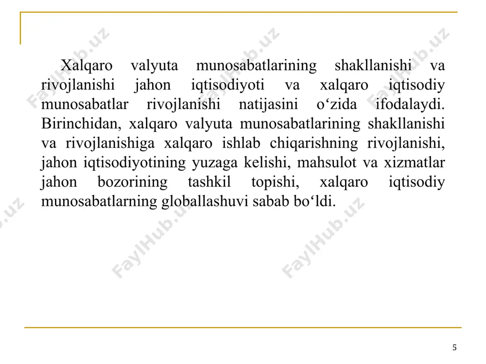 ida sezilarli o’zgarishlarga olib keladi. xalqaro valyuta munosabatlarining asosiy va eng muhim funktsiyalari quyidagilar hisoblanadi: valyuta oqimlarini jamg’arma shaklida to’plash va ularni investitsiyalash; valyuta resurslariga narxlarni shakllantirish. * * 2. valyuta kursi va uning turlari valyuta kursi(exchange rate) bir mamlakat pul birligining ikkinchi bir mamlakat valyutasiga nisbatan bahosi hisoblanadi. valyuta yoki ayriboshlash kursi ma’lum bir mamlakatni tashqi dunyo bilan bog’lab turadi, shuningdek milliy iqtisodiyot holatini tashqi dunyo bilan taqqoslash, xalqaro iqtisodiy operatsiyalar samaradorligini baholash imkonini beradi. valyuta kursi mamlakatning joriy iqtisodiy, ijtimoiy va siyosiy holati va istiqboldagi rejalari toʻg’risidagi barcha ma’lumotlarni oʻzida mujassam etadi. iqtisodiyoti nisbatan ochiq mamlakatlar uchun valyuta kursi muhim ko’rsatkichlardan hisoblanadi. chunki uning iqtisodiyotga bevosita yoki bilvosita ta’sir etishi, valyuta kursidagi keskin oʻzgarishlar esa, milliy iqtisodiyotda inqirozli holatlarni yuzaga keltirishi mumkin. * valyutalarni oldi-sotdi qilish bo’yicha bitim tuzayotganda spot va forvard valyuta kurslaridan foydalaniladi. spot kurs (spot rate)–valyuta oldi-sotdi bitimini tuzish paytida belgilangan, valyuta bozoridagi talab va …