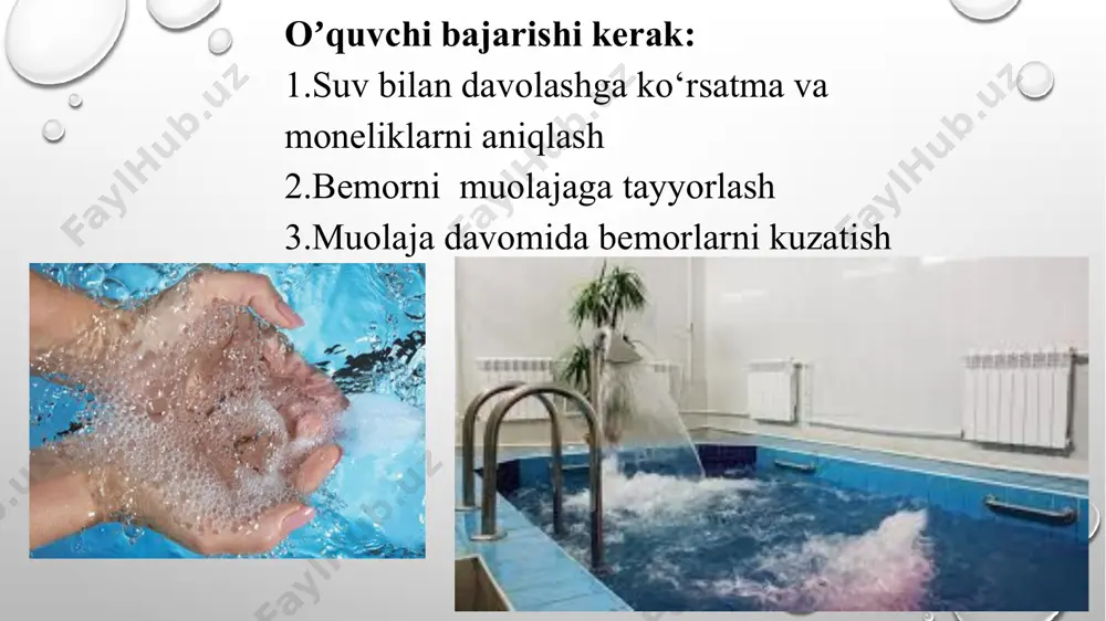 i; 3- fazada esa odamni titroq bosib, teri oqaradi va terisi g’oz terisiga o’xshab qoladi, bu esa tananing sovqotishi boshlanayotgani haqida xabar beradi. shu sababli 2- fazaga kelganda muolajarini to’xtatish kerak. suv quyish suv quyish umumiy va mahalliy bo’lishi mumkin. umumiy muolajalarda bemor yalang’och tanasiga asta-sekin 2-3 chelak suv quyiladi, bunda suv badanning hamma tomoniga bir xill tegishi kerak. suv harorati birinchi muolajada 34-33°c, keyingilarida 1-2°c ga tushirilib, asta-sekin 20-22°c ga yetkaziladi. ishqalab artish ishqalab artish umumiy va qisman bo’lib, chaqqonlikni talab qiluvchi murakkab muolaja hisoblanadi. ishqalab artish muolajasi tetiklantiruvchi ta'sir ko’rsatadi, bu muolaja nevrasteniyada, moddalar almashinuvi susayganda va chiniqtirish uchun buyuriladi. qisman ishqalab artish zaiflashgan bemorlarga uy yol kasalxona sharoitida buyuriladi. ho’l choyshabga o’rash ho’l choyshabga o 'rash ishqalab artishga qaraganda ancha uzoq vaqt davom etadi va bunday murakkab termik ta'sir (sovuq bilan issiqning ta'siri) kuchayadi. bu muolaja suv bilan davolash maskanlari, kasalxona va uy sharoitida bajariladi. u umumiy …