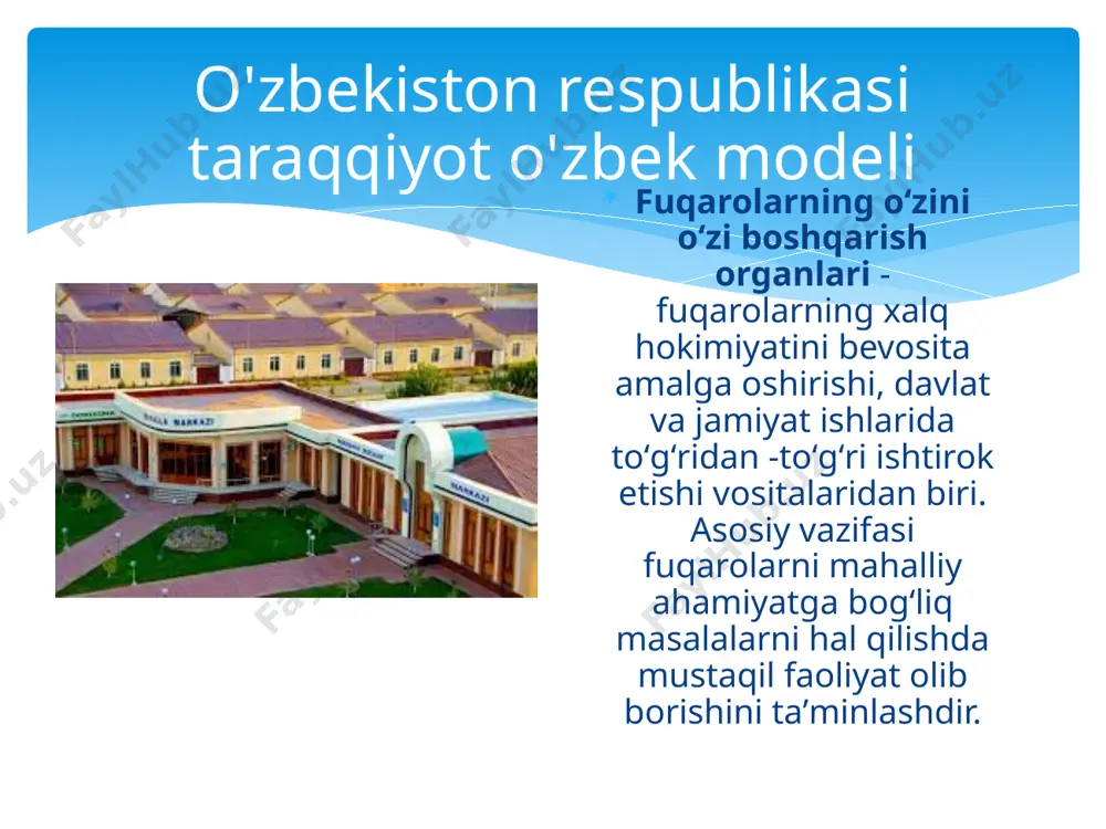 r yaratdi mahalliy o‘zini o‘zi boshqarishning demokratik tamoyillar asosidagi nazariyasi dastlab xyiii asrning ikkinchi yarmida g‘arbiy yevropada ishlab chiqilgan bo‘lib, uning tabiati va jamiyatdagi o‘rni mahalliy hokimiyatlar va jamoalar o‘zini o‘zi boshqarish organlarining fuqarolar tomonidan saylanish prinsipi g‘oyalari bilan bog‘liqdir. saylanuvchi o‘zini o‘zi boshqarish organlarining mustaqilligi konsepsiyasi, ularning qishloq jamoalari va shaharlardagi ishlarga rahbarlik qilishida markaziy hokimiyatga nisbatan mustaqilligi yangi tarixning ilk davrida mahalliy o‘zini o‘zi boshqarish funksiyalarini ifodalab, bu organlarga davlat boshqaruvi sohasidan tashqaridagi bo‘g‘in sifatida qarash rusumga kirdi. mahalliy o‘zini o‘zi boshqarish, mashhur olim aleksis de tokvil ning talqinicha, «shunday bir siyosiy institutki, u nafaqat siyosatchilar uchun, balki, umuman barcha fuqorolar uchun bir maktabdir. bu insitutga xos bo‘lgan imkoniyatlar shu qadar yuyuyuyuksakki , u fuqarolarning keng siyosiy ishtirokii uchun shart-sharoitlar yaratib beradi. o‘zini o‘zi boshqarish organlarii siyosiy madaniyat elementlarini shakllantirishningg ham beqiyos omilidir. oxir oqibatda bu organlar faoliyati siyosiy tizimning bir butun barqarorligi va moslashuvchanligini taa’minlab beradi. mahallaning …