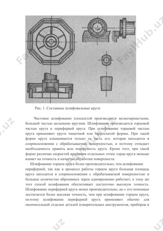 периферией круга. при шлифовании торцевой частью круга применяют круги чашечной или тарельчатой формы. при такой форме круга изнашивается только та часть его, которая находится в соприкосновении с обрабатываемой поверхностью, и поэтому отпадает необходимость править всю поверхность круга. кроме того, при такой форме различие скоростей вращения отдельных точек торца круга меньше влияет на точность и качество обработки поверхности. шлифование торцом круга более производительно, чем шлифование периферией, так как в процессе работы торцом круга большая площадь круга находится в соприкосновении с обрабатываемой поверхностью и большее количество абразивных зерен одновременно работает; к тому же этот способ шлифования обеспечивает достаточно высокую точность. шлифование периферией круга менее производительно, но с его помощью достигается более высокая точность, чем при шлифовании торцом круга, поэтому шлифование периферией круга применяют обычно для окончательной отделки деталей измерительных инструментов, приборов и др. плоскошлифовальные станки изготовляются для обдирочного, чернового и чистового (точного) шлифования. станки для обдирочного шлифования бывают: а) односторонние (для обработки …