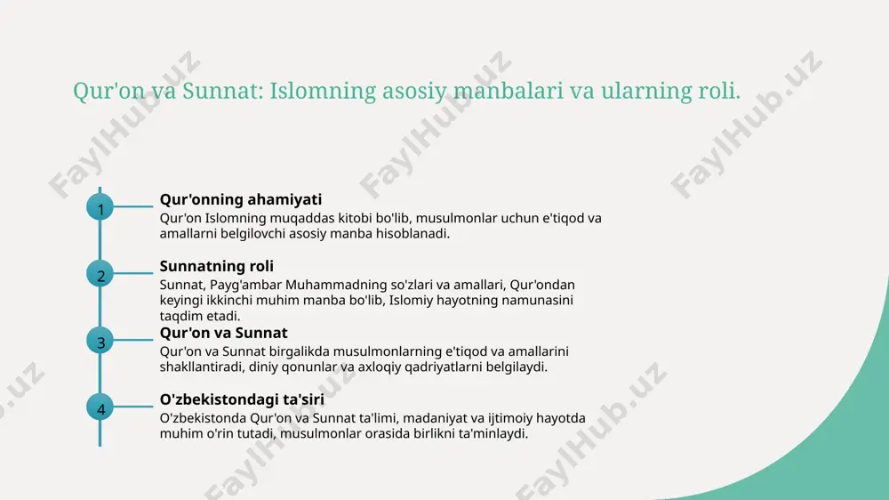 aydi. xulosa 1 islomning ahamiyati islom dini insoniyat tarixida muhim rol o'ynagan. uning g'oyalari tinchlik, adolat va ahloqiy qadriyatlarni ilgari suradi, jamiyatni rivojlantirishga hissa qo'shadi. 2 qur'on va sunnat qur'on va sunnat, islomning asosiy manbalari sifatida, e'tiqod va amaliyotning poydevorini tashkil etadi. ular musulmonlarning hayotida yo'l-yo'riq ko'rsatadi va ma'naviy qadriyatlarni shakllantiradi. 3 o'zbekistonda islom o'zbekistonda islom dini madaniyat va san'atga chuqur ta'sir ko'rsatgan. bu, milliy qadriyatlarimizni mustahkamlashda muhim ahamiyatga ega bo'lib, ijtimoiy hayotda tinchlikni ta'minlaydi. foydalanilgan adabiyotlar 1. islom dinining asosiy g'oyalari. o'zbekiston respublikasi fanlar akademiyasi, 2021 2. islom va uning e'tiqodlari. tashkent islamic university, 2020 3. o'zbekistonda islom madaniyati va tarixi. sharq sharqshunoslik instituti, 2019 4. islom va madaniy ta'sirlar. o'zbekiston davlat universiteti, 2022 5. o'zbekistonda islom dini va uning ijtimoiy roli. ijtimoiy fanlar jurnali, 2023 e'tiboringiz uchun rahmat! /docprops/thumbnail.jpeg