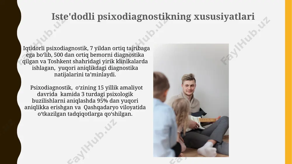 lumotlarini himoya qilish, jumladan, 20 dan ortiq turdagi shaxsiy ma'lumotlarning konfidentsialligini ta'minlash "shaxsiy ma'lumotlar to'g'risida"gi o'zbekiston qonunchiligiga muvofiq majburiy hisoblanadi. kasbiy psixodiagnostika sohasida faoliyat yurituvchi mutaxassislar 5 yildan ortiq tajribaga ega bo'lishlari va o'zbekiston respublikasining "sog'liqni saqlash to'g'risida"gi qonunining 12-moddasiga muvofiq malaka oshirish kurslarida qatnashishlari shart. kelajakdagi istiqbollar va yangi texnologiyalar miyani tasvirlash texnologiyalari, masalan, fmri va eeg, 5-10 yil ichida o'zbekistonda ham yanada rivojlanib, psixologik kasalliklarni aniqlash va davolashda yuqori aniqlikdagi ma'lumotlarni taqdim etish imkonini beradi. virtual reallik texnologiyalaridan foydalanib, psixologik testlarni o'tkazishning yangi usullari 2025-yilga kelib evropa mamlakatlarida keng qo'llanila boshlaydi va bu bemorlarning javoblarining ishonchliligini oshiradi. doimiy o'z ustida ishlash va rivojlanish jahon sog'liqni saqlash tashkiloti (jsst) tavsiyalariga muvofiq, psixologik diagnostika sohasida kamida 10 yillik tajriba va 200 dan ortiq bemor bilan ishlash mutaxassisning yuqori malakasini ko'rsatadi. doimiy o'z ustida ishlash, masalan, har yili kamida 50 soat malaka oshirish kurslarida qatnashish, diagnostika sohasidagi eng so'nggi uslublar va …