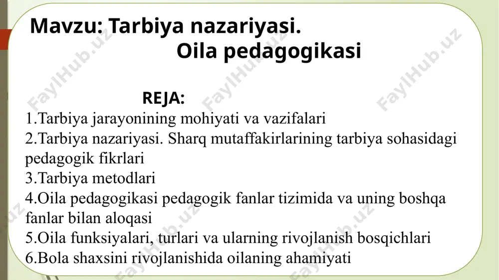 az-zamaxshariyning fikricha, tarbiyalanganlikning o'nta nishonasi farqlanadi: xalq pedagogikasida tarbiya metodlari. mashqlantirish (odatlantirish, mashq qildirish). namuna (maslahat berish, yaxshiliklar haqida so’zlash, o`rnak bo`lish). nasihat qilish, o`git, undash, ko`ndirish, tilak-istak bildirish, qoralash va jazo (ta'kidlash, ta'na, gina, tanbeh berish, majbur qilish, koyish, ayblash, uyaltirish, qo`rqitish, nafratlanish, ont-qasam ichirish, urish, kaltaklash va hokazolar). tushuntirish (hikoya qilish, o`rgatish). tanbeh berish – eng muhim jazo chorasi. o`qituvchi o`quvchiga yuzma-yuz turib tanbeh beradi. ogohlantirish – sodir etilishi mumkin bo`lgan muayyan hatti-harakatlarning oldini olish maqsadida qo`llaniladi. hayfsan berish – o`quvchining ma'lum hatti-harakatlarini qat'iy choralar asosida baholash. agar tanbeh va ogohlantirish kutilgan natijani bermasa, o`quvchi belgilangan intizomni buzaversa, uning aybi qay darajada bo`lishi buzganligini inobatga olib unga hayfsan e'lon qilish mumkin. uyaltirish - o`quvchining ma'lum hatti-harakatlariga jamoa yoki uning tarbiyasi uchun mas'ul bo`lgan sub'ektlar (ota-onalar, vasiylar, jamoatchilik vakillari va boshqalar) oldida baho berish. odamning eng nozik sezgilaridan biri uyat, or-nomus va sharm-hayodir. jazo - bu puhta o`ylab qo`llanilishi …