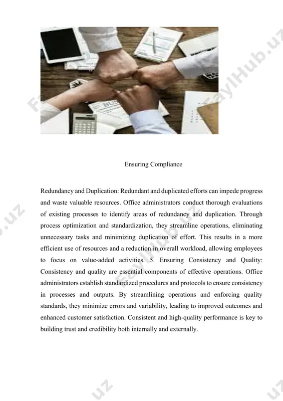 ment systems. this may involve conducting regular audits, assessments, and reviews to assess compliance with standards such as iso, osha, or itil. by meeting industry standards and best practices, administrators demonstrate the organization's commitment to excellence and continuous improvement, positioning it as a trusted leader in the industry. 5. addressing stakeholder expectations: compliance with legal, regulatory, and ethical standards is essential for meeting stakeholder expectations. office administrators communicate with various stakeholders, including employees, customers, investors, and regulatory authorities, to understand their expectations and concerns regarding compliance. by addressing stakeholder expectations and demonstrating a commitment to compliance, administrators enhance trust and confidence in the organization, fostering positive relationships and long-term sustainability. 6. preventing fraud and misconduct: compliance measures are instrumental in preventing fraud, misconduct, and unethical behavior within the organization. office administrators implement internal controls, policies, and procedures to detect and deter fraudulent activities, unethical conduct, and conflicts of interest. by …