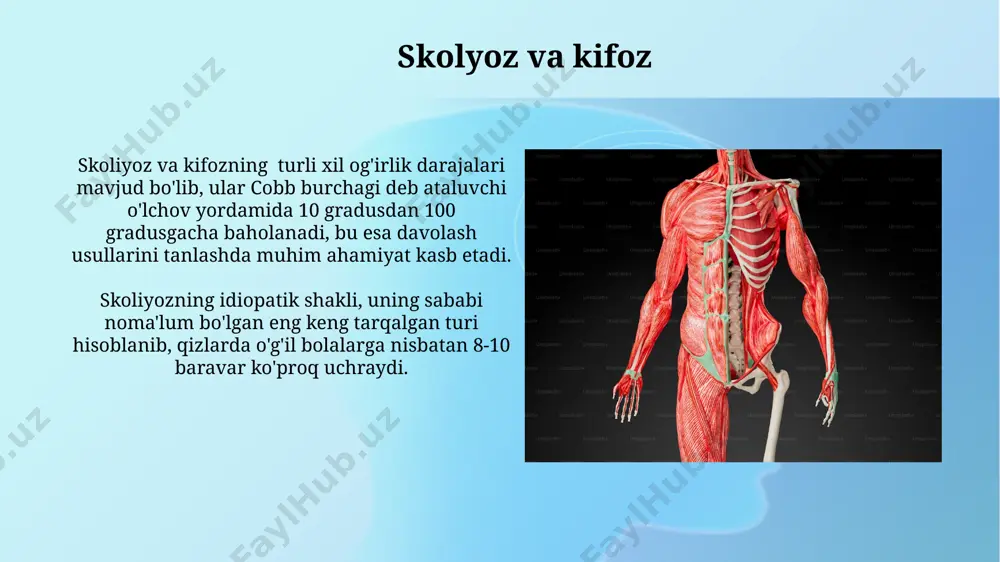 mushak-skelet tizimining tugʻma nuqsonlari haqida umumiy maʼlumot taxminan 1000 ta tugʻilgan chaqaloqdan 2-3 tasida ogʻir mushak-skelet tizimi anomaliyalari uchraydi, bu esa erta diagnostika va samarali davolash usullarini ishlab chiqish zarurligini koʻrsatadi. mushak-skelet tizimining tugʻma nuqsonlari 2000 dan ortiq turdagi anomaliyalarni oʻz ichiga oladi, ularning 30% dan ortigʻi qoʻl va oyoqlarga taʼsir qiladi va har xil darajadagi nogironlikka olib kelishi mumkin. klipuspes va pes equinus klipuspes va pes ekvinusni davolashda gipslash, jarrohlik amaliyoti, fizioterapiya va ortopedik vositalar qo'llaniladi. muvaffaqiyatli davolanish natijasida bolaning yurish qobiliyati va hayotiy faoliyati yaxshilanadi, ammo reabilitatsiya uzoq davom etadi. ushbu anomaliyaning etiologiyasi ko'p hollarda noma'lum bo'lsa-da, genetik omillar, intrauterin siqilish yoki nerv-mushak tizimining rivojlanishidagi buzilishlar bilan bog'liqligi taxmin qilinadi. 20% hollarda boshqa tug'ma nuqsonlar bilan birga uchraydi. davolash va reabilitatsiya davolash rejasi kasallikning og‘irligiga, bemor yoshini hisobga olgan holda, 6 oydan 2 yilgacha davom etadigan fizioterapiya, ortopedik apparatlar va dorivor vositalarni qo‘llashni o‘z ichiga olishi mumkin. reabilitatsiya …