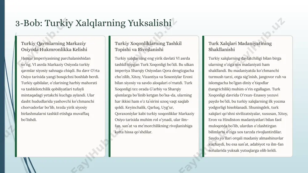 tarixiy, siyosiy va madaniy taraqqiyotida muhim rol oʻynagan. qabilaviy tuzumlardan markazlashgan davlatlarga oʻtish jarayoni nafaqat iqtisodiy rivojlanish, balki jamiyatda ijtimoiy tabaqalashuv, boshqaruv tizimi va huquqiy me’yorlarning shakllanishiga olib keldi. soʻgʻd, baqtriya, xorazm va margʻiyona kabi davlatlar xalqaro savdo yoʻllari orqali sharq va gʻarb sivilizatsiyalarini bogʻlab turgan muhim markazga aylandi. ularning siyosiy va madaniy merosi keyingi davrlarda ham davom etib, oʻrta osiyo xalqlarining milliy davlatchilik an’analari va madaniyatining shakllanishiga asos boʻldi. asqarov a. oʻzbekiston tarixi: qadimgi davrlardan to hozirgi kungacha. – toshkent: oʻqituvchi, 2019. saidov a. oʻrta osiyo davlatlari tarixi. – toshkent: fan, 2018. karimov i. oʻzbekiston mustaqillikka erishish ostonasida. – toshkent: oʻzbekiston, 2016. tolstov s.p. drevniy xorezm. – moskva: izdatelstvo an sssr, 1948. gulyamov y.g. irrigatsiya oʻrta azii v drevnosti. – moskva, 1971. masson v.m., p’yankov i.v. istoriya drevney sredney azii. – moskva: nauka, 1983. abdullayev x. oʻzbek davlatchiligi tarixi. – toshkent: sharq, 2020. bartold v.v. turkiston v epoxu mongolskogo …