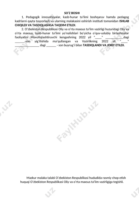 luvchilarning o‘quv yuklamalari hajmi va standart talablarini bajarilishi nazoratini belgilaydi. malaka talabi ta’lim oluvchilarning kasbiy tayyorgarligi sifati va kasbiy kompetensiyasini baholashda hamda ta’lim muassasalarini attestatsiyadan o‘tkazishda asosiy mezon hisoblanadi. mazkur talablarning bajarilishi professional ta’lim muassasalarining bitiruvchilariga professional ta’limning tegishli darajasini olganligi to‘g‘risida davlat namunasidagi hujjat berilishi uchun asos hisoblanadi. malaka talabi ta’limni boshqarish davlat organlari va ta’lim faoliyati sub’ektlari tomonidan, idoraviy bo‘ysunuvi va mulkchilik shakllaridan qat’iy nazar, tadbiq etilishi majburiydir. ushbu malaka talabi rangli metall va qotishmalarini quyuvchisi, gidrometallurg apparatchisi va rangli metall mahsulotlari nazoratchisi kasblarining tasdiqlangan kasbiy standart talablari asosida ishlab chiqildi. 2. kasbiy ta’lim xususiyati 2.1. 4.07.11.101–rangli metallar metallurgiyasi kasbi doirasida beriladigan kvalifikatsiya: 1.rangli metall va qotishmalarni quyuvchi 2.gidrometallurg apparatchisi 3.rangli metallurgiya mahsulotlari nazoratchisi kamida umumiy o’rta ma’lumotga ega bo’lgan shaxslar hisobidan shakllantirilgan guruhlarda tanlangan kvalifikatsiyalar sonidan kelib chiqib o’qish muddati belgilanadi. bu guruhlarda kasb doirasida beriladigan kvalifikatsiyalardan birortasini muvaffaqqiyatli o’zlashtirgan shaxslarga belgilangan namunadagi diplom beriladi va mehnat …
