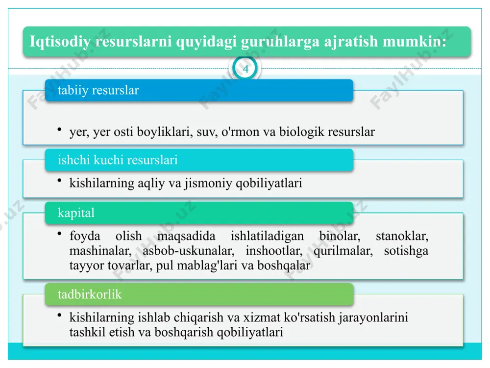 da innovatsiyalarni qo’llash. fan texnika taraqqiyotini ikkita yo’li bor: evolyutsion revolyutsion 1. evolyutsion yo’lidir - mavjud texnika texnologiya asosida, mashinalar va uskunalar qisman modernizatsiyalashtiriladi, rivojlanish asta-sekinlik bilan amalga oshirib boriladi. 2.revolyutsion yo`li- fan-texnikaning bir qancha sohalarida birdaniga katta o`zgarishlar qilinadi, texnikaning eng so`nggi yangiliklari tufayli samaradorlikka erishadi www.arxiv.uz 21 22 resurslar to'liq band bo'lganda ishlab chiqarish imkoniyatlari (shartli raqamlar) mahsulot turi muqobil variantlar а в с d е non (mln. dona) 0 1 2 3 4 tegirmon (ming dona) 10 9 7 4 0 e`tiboringiz uchun rahmat! www.arxiv.uz image3.png image4.jpeg /docprops/thumbnail.jpeg