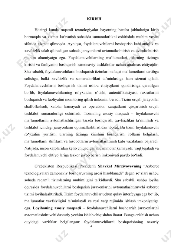 jribasini yaxshilash kabi murakkab vazifalarni ham bajaradi. foydalanuvchilarni boshqarish tizimi ushbu jarayonlarni samarali tashkil qilish, resurslardan oqilona foydalanish va operatsion samaradorlikni oshirishda asosiy rol o‘ynaydi. bu tizim nafaqat ichki jarayonlarni tartibga soladi, balki foydalanuvchilar bilan munosabatlarni mustahkamlash va tashkilotning raqobatbardoshligini ta’minlashga xizmat qiladi. foydalanuvchilarni boshqarish tizimining nazariy asoslari quyidagi asosiy vazifalarga asoslanadi: foydalanuvchilar ro‘yxatini yuritish va ularning ma’lumotlarini tezkor qayta ishlash; autentifikatsiya va avtorizatsiya jarayonlarini real vaqt rejimida nazorat qilish; foydalanuvchi rollari va ruxsatlarini boshqarish; ma’lumotlarni shifrlash va xavfsizlikni ta’minlash; xodimlar yoki foydalanuvchilarning ish faoliyatini monitoring qilish; moliyaviy operatsiyalarni hisobga olish va xarajatlarni optimallashtirish; jarayonlarni avtomatlashtirish orqali inson omilidan kelib chiqadigan xatolarni kamaytirish. ushbu tizimlar zamonaviy axborot texnologiyalari, xususan, ma’lumotlar bazasi boshqaruvi, bulutli texnologiyalar va foydalanuvchi uchun qulay interfeyslarga asoslanadi. zamonaviy tizimlar foydalanuvchilarga real vaqt rejimida xabar berish, masalan, sms yoki mobil ilovalar orqali ma’lumot yetkazish, shuningdek, foydalanuvchi faoliyatini tahlil qilish kabi funksiyalarni taklif etadi. foydalanuvchilarni boshqarish tizimlari turli shakllarda …