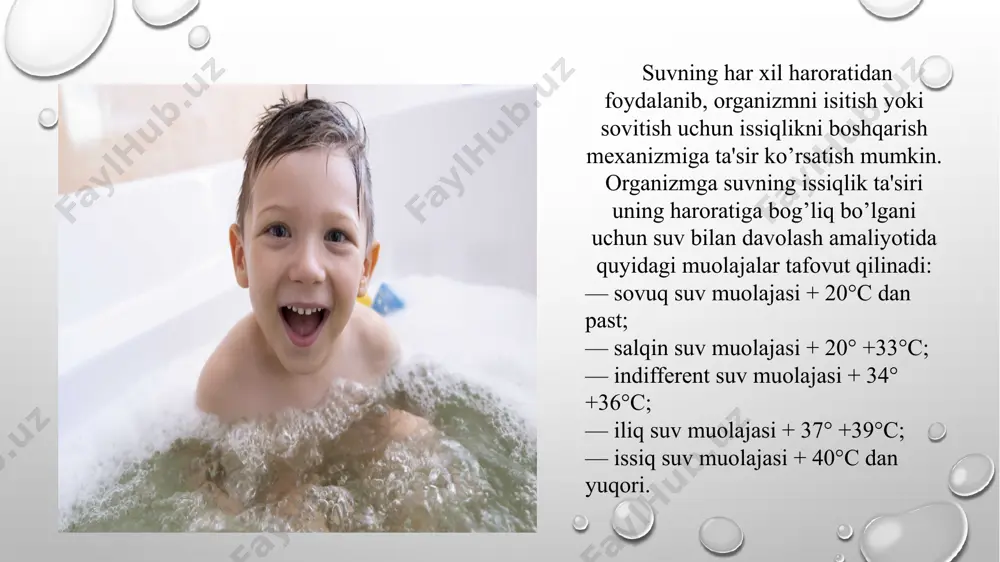arda muolaja vaqti 10-15 minutdan 20-30 minutgacha davom etadi. muolaja har kuni yoki kunora qabul qilinadi. davo kursi 15-20 muolaja. muolajaning termik ta'sirini kuchaytirish uchun kontrast vannalar qo’llaniladi. buning uchun ikkita vannadan foydalaniladi. bittasi iliq (38-39°c li) suv bilan, ikkinchisi sovuq (15-20°c li) suv bilan to’ldiriladi. bemor avval iliq vannaga tushib, 2-3 minut o’tgach, tezda sovuq vannaga o’tadi va unda 1-2 minut faol harakatlarni bajaradi. so’ng yana iliq vannaga o’tadi. bu muolaja 4-6 marotaba takrorlanadi. vanna qabul qilish muolajasi sovuq vannada yakunlanadi. bemor vannadan chiqishi bilan tezda quruq sochiq bilan badani ishqalab aitiladi. ikkala vanadagi suvning farqi muolaja boshida 5-10°c bo’lib, oxirida 12-25°c gacha ko’tariladi. bir kursda 10-12 ta vanna qabul qilinadi. kontrast vannalarning termik ta'siri yurak-qon tomir va asab sistemalarini mashq qildiradi. muolaja vegetativ tomirlar distoniyasida va chiniqtirishda qo’llaniladi. mahalliy,ya'ni gauffe vannalari qo’llanilganida esa termik omilning ta'siri oshadi. suv harorati muolaja qabul qilish vaqtida asta-sekin oshirib boriladi. bemor oyoq-qo’llarini …