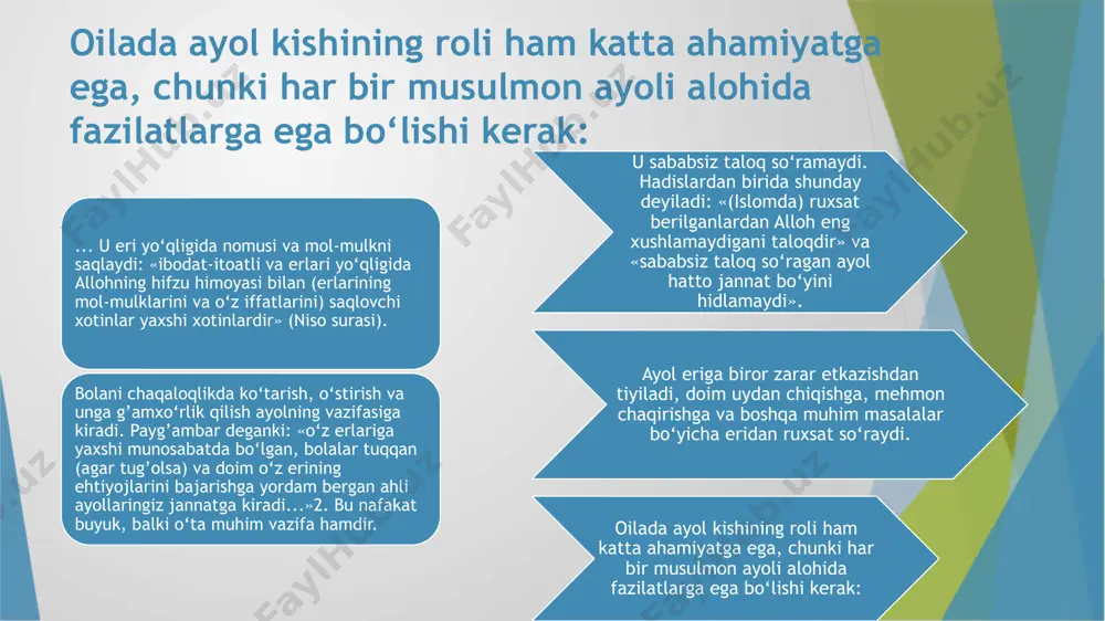 zarur» otalik tuyg’usi - inson qalbidagi iymonlilikning namoyon bo‘lishidir. farzand ko‘rish oson, lekin unga xaqiqiy ota, ma’naviy rahnamo bo‘lish hammaning qo‘lidan kelavermaydi. . otalik tuyg’usi - inson qalbidagi iymonlilikning namoyon bo‘lishidir. farzand ko‘rish oson, lekin unga xaqiqiy ota, ma’naviy rahnamo bo‘lish hammaning qo‘lidan kelavermaydi. farzandni dunyoga keltirish otalik, erkaklik burchining faqat bir tomonidir. uning eng asosiy vazifasi esa farzandini yaxshi tarbiyalab, jamiyatda o‘zining munosib o‘rnini egallashini ta’minlashdir. farzandlarga otaning pand-nasihatlari emas, balki qilgan ishlari, yurish - turishlari ham ibratlidir... otalik mehri inson qoniga, tomiriga, hujayrasiga singib ketgan ma’naviy qadriyatdir. shariat xukmlarida: er o‘z xotini uchun alohida bir uyni ajratib berishi xotinini o‘rtacha taom bilan ta’minlashi xotinga mehrini chin ko‘ngildan berishi farzandlarini kerakli darajada tarbiya qilishi er o‘z xotinini avaylab, to‘g’rilik va zulm o‘tkazmay tarbiyalashi xotini, qizlariga xar doimo e’tibor, yordam berishi uy-ruzg’or ishlarida xotini bilan maslahatlashishi xotinning qarindoshlariga yaqindan yordam va hurmat ko‘rsatish - kimki, ota — onasini ma’mnun etgan …