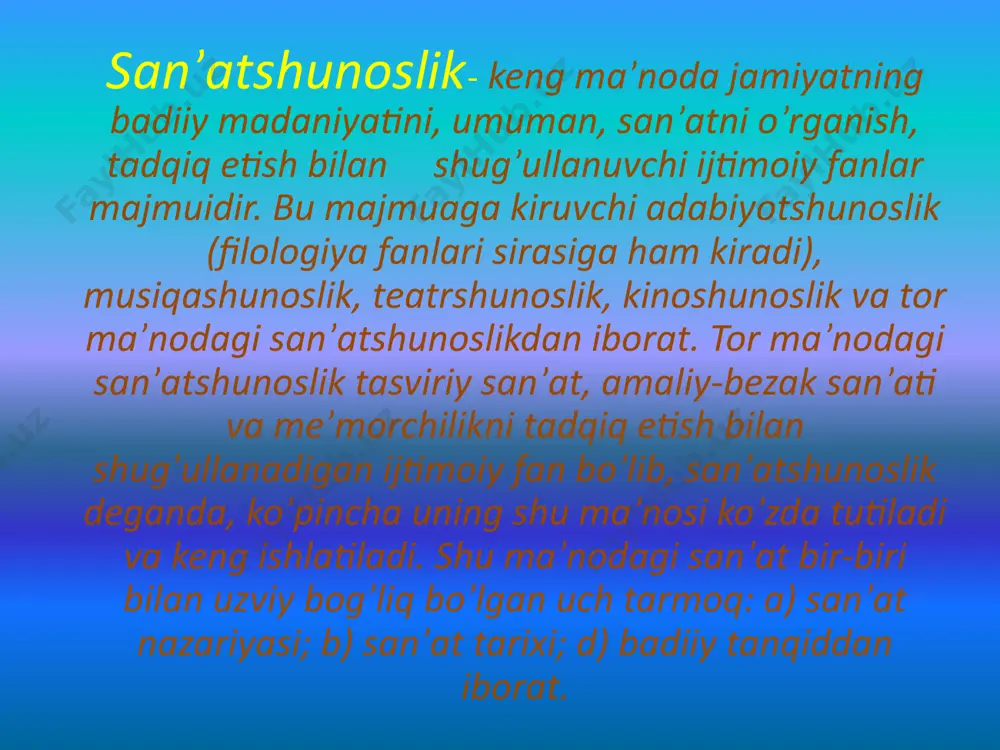 ham o’zining estetik zavq beruvchi, nafosatga boy va serqirra asarlari bilan muhim o’rin tutadi. o’rta osiyo va sharq xalqlarining estetik didi naqadar yuksak darajada rivojlanganligidan guvohlik beruvchi buxoro, samarqand, toshkent, xiva, farg’ona va boshqa shaharlardagi ganchdan ishlangan san’at asari namunalarini ko’rib ajdodlarimizning iste’dodlariga tasannolar aytamiz. ganch 2 xil: tabiiy va sun’iy. ganch o’ymakorligi bilan shug’ullangan ustalar ganchkorlar deb ataladi. vaqt san`ati musiqa san`ati; maqom san`ati; qo`shiqchilik va raqs san`ati; badiiy adabiyot; musiqa san’ati. “musiqa- tafakkurning qudratli manbai. musiqiy tarbiyasiz tom ma`nodagi aqliy kamolot bo`lishi mumkin emas”. v.a.suxomlinskiy. yana bir qadimiy san’at turi- musiqadir. bu san’at turi barcha davr daholari e’tiborini o’ziga jalb qilib keldi. arastu: “musiqa ko’ngilga axloqan muayyan ta’sir ko’rsatuvchi quvvatga ega. musiqa shunday hislatga ega ekan, u yoshlarni tarbiyalash vositalari qatoriga qo’shilmog’i lozim”, deb ta’kidlaydi. musiqa san’ati sharqning buyuk allomalari beruniy, forobiy, ibn sinolarni ham qiziqtirib kelgan. mirzo ulug’bek “bulujiy”, “shodiyona”, “axloqiy”, “tabriziy”, “usuli ravon” va “usuli otlig’” …