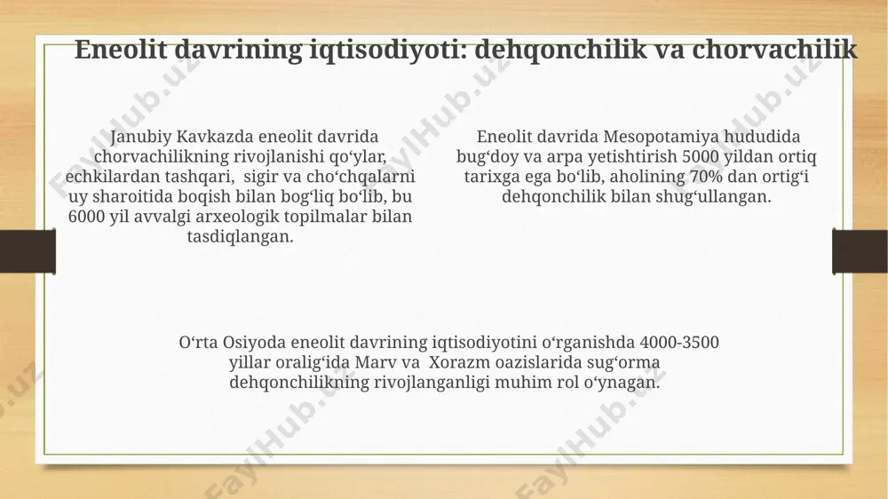lgi 5000-2500 yillar oraligʻida kuzatilgan boʻlib, bu davrda metallurgiya rivojlanishi va yangi qishloq xoʻjaligi texnologiyalari paydo boʻlgan. e'tiboringiz uchun rahmat @taqdimot_robot image3.png image4.png