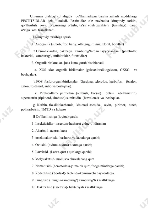 erilizatsiya uchun iii pestitsidlarning organizmga o‘tishiga qarab: 1. ichdan ta’sir etuvchi 2. teri orqali 3. nafas yuli (gaz, bug‘) 4. sistemali ta’sir etish iv odamlarga, issiqqonli hayvonlarga ta’siriga qarab: 1. o‘ta kuchli ta’sir etuvchi- ud_50 50 mg/kg gacha. 2. kuchli ta’sir etuvchi - ud_50 50-200 mg/kg. 3. o‘rta ta’sir etuvchi - ud_50 200-1000 mg/kg. 4. kam ta’sir etuvchi - ud_50 1000 mg/kg dan ortiq. gigiyenik tasniflanishi orqali pestitsidlarga va ularning turlariga to‘la tavsif beriladi. bunda qaysi turdagi pestitsidlar qanday zaharlilik xususiyatiga ega. ishlatiladigan qanday xavfsizlik chora-tadbirlarini ko‘rish kerakligi xaqida to‘la ma’lumot beradi. pestitsidlar zaharliligiga qarab quyidagicha bo‘linadi. pestitsidlarning zararli hasharotlar yoki yumronqoziq oshqozoniga tushgandagi zaharliligi quyidagicha belgiladi: 1. juda kuchli zaharli modda – sd 50 1 kg tirik vaznga 50 mg. gacha 2. kuchli zaharli modda – sd 50 1 kg tirik vaznga 50-200 mg. gacha 3. o‘rtacha zaharli modda – sd50 1 kg tirik vaznga 200-1000 mg. ga 4. …