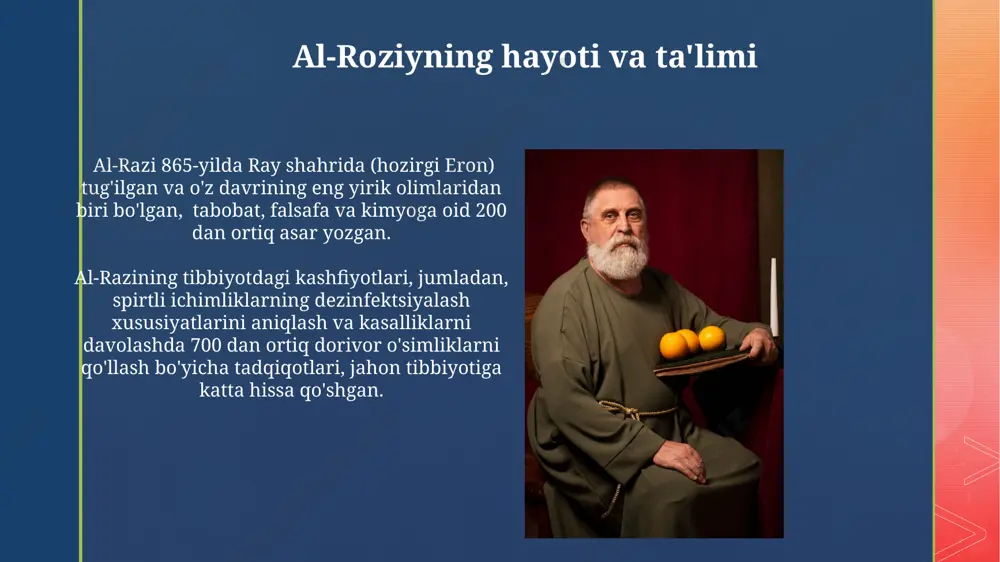 n ortiq vaqt davomida tibbiyot amaliyotida qo'llanilgan. u ilk bor sil kasalligini boshqa kasalliklardan farqlash usullarini ishlab chiqdi va 100 dan ortiq dorivor o'simliklarning xususiyatlarini batafsil o'rgangan. e'tiboringiz uchun rahmat @taqdimot_robot image4.jpg image5.jpg image6.jpg image7.jpg image8.jpg image9.jpg image10.jpg image11.jpg image12.jpg image2.png image3.png