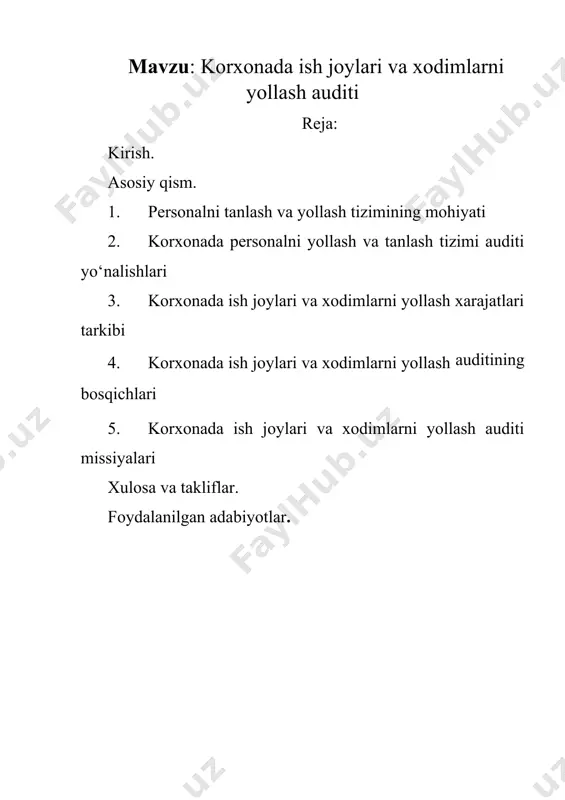 alohiyatidan to'liq, samarali foydalaniladi. bugungi kunda kadrlarni to'g'ri tanlashning dolzarbligi ko'pchilik menejerlar, kadrlar bo'yicha direktorlar va ishga yollovchilar uchun aniq. tanlov jarayonida qilingan xato har qanday jiddiy kompaniya uchun qimmatga tushishi mumkin. ko'pgina tashkilotlar tuzilgan intervyular, batareya testlari, biznes o'yinlari, baholash markazlari va hatto poligrafiya testlari kabi yaxshi ishlab chiqilgan baholash tartib-qoidalari orqali tarafkashlikni kamaytiradi. kurs ishining o’rganganlik darajasi. ishga qabul qilish va tanlash strategiyasini tuzishda nimani yodda tutish kerak? ko'pgina tadqiqotlar shuni ko'rsatadiki, o'z tashabbusi bilan ketgan xodimlarning qariyb 80 foizi tashkilotdagi ishning dastlabki kunlarida bu qarorni qabul qilgan. albatta, bunday harakatlarga moslashuv dasturlarining samaradorligi kuchli ta'sir ko'rsatadi , ammo moslashish muvaffaqiyatini belgilovchi asosiy omil - nomzodning ishga qabul qilishda baholashining ob'ektivligi. ishga qabul qilish tartibi eng samarali bo'lishi uchun uni amalga oshirish bosqichlarini aniq va malakali kuzatish kerak. xodimlarni tanlashning to'g'riligini aniqlash uchun o'z ishi uchun juda ko'p pul oladigan tashqi mutaxassislar yordam beradi. kurs ishining tadqiqot ob'ekti …