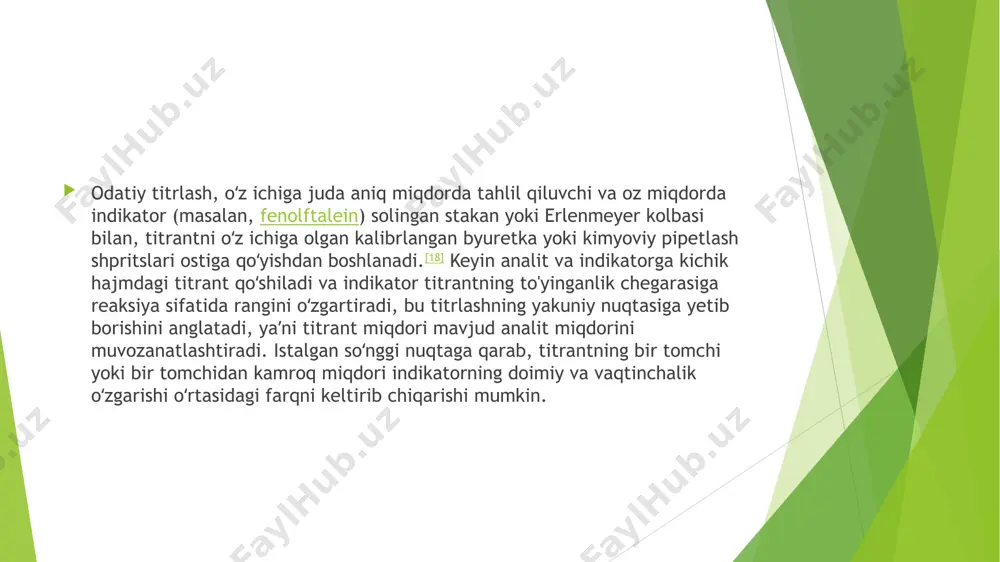qilib bo‘lmaydigan omillarga bog‘liq. 1.1. insoniy omil titrlovchi shaxsning ko‘z o‘lchovi, refleks tezligi, rang ajratish qobiliyati kabi subyektiv xususiyatlari natijalarning farqiga olib keladi. ayniqsa, indikator rangining o‘zgarishini aniqlashda subyektiv qarashlar katta rol o‘ynaydi. bu ayniqsa rangli indikatorlar ishlatilganda dolzarb hisoblanadi (masalan, fenolftalein bilan ishlaganda to‘q pushti rangni aniqlash har doim ham aniq bo‘lmaydi). 1.2. e’tiborning chalg‘ishi laboratoriyada ishlash chog‘ida biror sonni noto‘g‘ri o‘qish, titrantni kerakli miqdordan ortiqcha yoki kam quyish, byuretadagi havo pufakchalarini e’tibordan chetda qoldirish tasodifiy xatoliklarning sabablari bo‘lishi mumkin. 1.3. asboblarning sezuvchanligi o‘lchov asboblari (byureta, pipetka, silindr va h.k.) ham o‘z sezuvchanligiga ega. byureta orqali tomchilayotgan eritmaning oxirgi tomchisi ko‘rinmasligi yoki qo‘shilmasligi titrlash natijasiga sezilarli ta’sir qilishi mumkin. tizimli xatoliklar tizimli xatoliklar – bu takroriy titrlashlarda bir xil yo‘nalishda (doimiy ravishda ko‘p yoki kam) yuzaga keladigan xatoliklardir. ular natijani aniq noto‘g‘ri tomonga og‘diradi va tahlil tizimida mavjud nosozlik yoki noto‘g‘ri yondashuv natijasida yuzaga keladi. 2.1. reaktivlar kontsentratsiyasi noto‘g‘ri …
