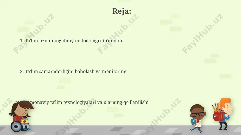 uvchilarning malakasini oshirish uchun har yili kamida 50 soatlik treninglar va 10 ta yangi pedagogik texnologiyalarni o'zlashtirish zarur. maktablarni zamonaviy texnologiyalar bilan jihozlash darajasini 85% ga yetkazish va interfaol ta'lim vositalaridan foydalanishni kengaytirish tavsiya etiladi. ta'lim sifatini baholash va monitoring qilish tizimi ta’lim sifatini baholashda 5 yillik davrlar oraligʻida oʻtkaziladigan milliy baholash ishlari oʻquvchilarning bilim darajasi va ta’lim muassasalarining samaradorligini aniqlashda muhim rol oʻynaydi. oʻquvchilarning akademik koʻrsatkichlarini kuzatish va tahlil qilish uchun kamida 3 ta turli metodlardan foydalaniladi, jumladan, test sinovlari, portfel baholash va kuzatuvlar. ta'lim jarayonini boshqarishning zamonaviy usullari ta'lim jarayonini boshqarishda 50% dan ortiq vaqtni o'quvchilarning individual ehtiyojlarini aniqlash va ularga moslashtirilgan ta'lim strategiyalarini ishlab chiqishga bag'ishlash samaradorlikni 20% ga oshiradi. meta-tahlil va katta ma'lumotlar (big data) tahlili orqali olingan natijalarga asoslanib, ta'lim dasturlarini 10% ga optimallashtirish mumkin va o'quvchilarning muvaffaqiyat darajasini 5% ga oshirish mumkin. innovatsion ta'lim texnologiyalarining qo'llanilishi interfaol o'yinlar va simulyatsiyalar kabi texnologiyalarni qo'llash, o'quv …