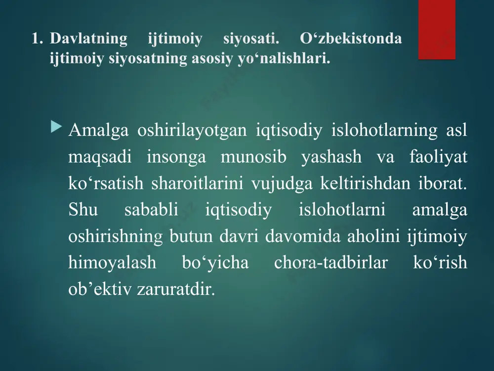 inib, u hozirda amalga oshirilmoqda; - tibbiyot sohasi boshqaruv tizimining barcha bo‘g‘inlari qayta ko‘rib chiqilmoqda; - davolash-profilaktika muassasalari tarmog‘ini qayta tashkil etilmoqda; - viloyatlarda kattalar va bolalar uchun ko‘p tarmoqli tibbiyot markazlari barpo etilmoqda; - qishloq vrachlik punktlari mustahkamlanib, ularning, avvalo, qishloq joylarda kasalliklarning oldini olishga qaratilgan faoliyati kuchaytirilmoqda; - aholiga yuksak texnologik, noyob tibbiy xizmatlar ko‘rsatadigan respublika ixtisoslashgan ilmiy-amaliy tibbiyot markazlari tarmog‘i kengaytirilmoqda. 2. aholi daromadlari va uning tarkibi. aholi turmush darajasi va uning ko‘rsatkichlari «daromad» iqtisodiy faoliyat natijalarini ifodalovchi ko‘rsatkich bo‘lib, u serqirra va murakkab mazmunga ega hisoblanadi. chunki, daromad bir vaqtning o‘zida biron-bir faoliyat natijasida olingan tushumni, pul mablag‘larini, natural ko‘rinishda olingan mahsulotlarni, iqtisodiy resurslar keltiruvchi nafni va boshqa tushunchalarni ifodalashi mumkin. shuningdek, daromad umumiy tushuncha bo‘lib, uning tarkibida aholi daromadlari muhim o‘rin tutadi. aholi daromadlari ma’lum vaqt oralig‘ida (masalan, bir yilda) ular tomonidan olingan pul va natural shakldagi tushumlar miqdorini anglatadi. aholi pul daromadlari ish haqi, …