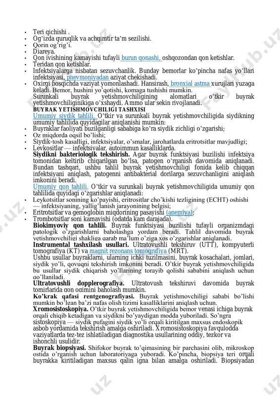 buyrak to’qimalarida buzilishlar boshlanib bo’lgan. oliguriya bosqichi. buyrak funktsiyasining buzilishi ortadi, siydik miqdorining kamayishi kuzatiladi. buning oqibatida organizmda metabolzimning zararli moddalari saqlanib qoladi, suv- tuz muvozanati buziladi. alomatlari: • siydikning kundalik hajmi 400 ml gacha kamayishi; • zaiflik, tormozlanganlik; • ishtahaning pasayishi; • ko’ngil aynishi va qayt qilish; • mushaklarning tortilib turishi (qondagi ion miqdorining buzilishi oqibatida); • hansirash; • yurak urishining tezlashuvi; • aritmiyalar; • qorin og’rig’i; • ba’zi bemorlarda oshqozon yarasi va oshqozon-ichak qon ketishlar rivojlanadi; • organizmning zaiflashuvi fonida siydik chiqarish, nafas olish tizimi, qorin bo’shlig’ining infektsiyasi. o’tkir buyrak yetishmovchiligining bu bosqichi eng og’iri sanaladi va 5-11 kungacha davom etishi mumkin. poliuriya bosqichi. bemorning ahvoli normallashadi, siydik miqdori odatdagidan ham ko’payadi. ushbu bosqichda organizmning suvsizlanishi, infektsiya rivojlanishi mumkin. to’liq tiklanish. buyrak funktsiyasining yakuniy tiklanishi. odatda 6-12 oygacha davom etadi. agar o’tkir buyrak yetishmovchiligida buyrak to’qimalarining ko’p qismi o’chib qolgan bo’lsa, to’liq tiklanish sodir bo’lmaydi. surunkali buyrak yetishmovchiligining …