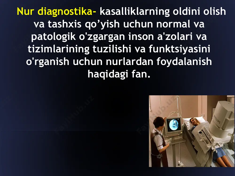 ydalangan holda turli xil (eksenel, sagital, frontal va boshqa) tekisliklarda tomografik qismlarni olish imkonini beradigan tibbiy tasvirlash usuli; biologik ob'ektning vodorod yadrolarini magnit maydonida qo'zg'atishga va qo'zg'atilgan yadroning energiyasini yozib olishga asoslangan usul. 1946 yil - feliks bloch, richard pursel (aqsh)- yadro magnit-rezonansi hodisasini kashf etish 1952 - nobel mukofotiga sazovor bo'ldi (feliks blox, richard pursel) 1973 yil - mr-tomografiya dizayni asoslandi(pol lauterberg) 1982 yil - qurilmalarning seriyali ishlab chiqarilishi 2003 yil - nobel mukofotiga sazovor bo'ldi (pol lauterberg) usulning fizik asoslari radioto’lkinlar tanamizdagi kichik magnitchalar bilan yutiladi. bular – n, p, na, n, c. n suv tarkibiga kiradi, kuchsiz magnit va fakat kuchli magnit maydonida (30-40 ming yukorirok) magnit xususiyatlarini kursatadi. kaytgan radiotulkinlar taxlil kilinadi va ulardan t1 va t2 vaktlari sanalib – tasvirga aylantiriladi. mrt kamida 3 xil tasvir bor – t1, t2, va proton zichligi (suv mikdori) + noinvaziv angiografiya noinvaziv mielografiya, xolegrafiya, urografiya nurlanish yuk, magnit …