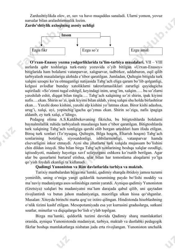 mavjud ekanligi ko’rinadi. yuqorida aytib o’tilganidek, xalq ijodi ham shu orqali xalq pedagogikasida qo’llaniladigan: tushuntirish, namuna ko’rsatish, odatlantirish (o’rganish, mashq qildirish), iltimos qilish, tilak-istak bildirish, yolvorish-iltijo qilish, maslahat berish, ko’ndirish, undash, ma’qullash, rahmat aytish, duo qilish, olqish (oq yo’l tilash), taqiq qilish, ta’na (gina, o’pka) qilish, mashara - mazax qilish, majbur qilish, tanbeh berish, koyish, qarg’ash, qo’rqitish, uzr so’rash, ont - qasam ichirish, la’natlash, so’kish, urish, kaltaklash metodlari bo’lsada, yoshlarning insoniy fazilatlarini tarbiyalashda asosan: o’git-nasihat, ibrat ko’rsatish, ma’qullash va maqtash, alqash, mukofotlash, qoralash - qarg’ish, jismoniy jazo berish kabi metodlardan foydalanilgani ko’zga tashlanadi. “avesto” eng qadimgi ma’rifiy yodgorlik. qadimgi yunoniston va rim davlatlarida tarbiya va maktab. “avesto”dagi ta’limiy-axloqiy g’oyalar. “avesto” – zardushtiylik dinining muqaddas kitobi hisoblanib, dastlabki sharq falsafiy qarashlarini o’zida aks ettiruvchi manbadir. unda insonni kamolotga erishuvida mehnat, ezgulik, insoniylik, soflik, bag’rikenglik kabi sifatlarning ahamiyati chuqur ifodalangan. zardushtiylik dinining nomi ushbu din asoschisi zardusht (turli tillarda zaratushtra, zoroastr) ismidan …