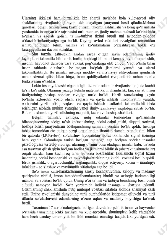 gik nuqsonlar ularni tarbiyasi qiyin o‘smirlar qatoriga qo‘shilishiga olib keladi. o‘spirinlik davri. o‘spirinlik davri ikkiga bo‘linadi ilk o‘spirinlik va o‘spirinlik. ilk o‘spirinlik davri 15-18 yoshlarni qamrab oladi. bu kollej va litsey talabalari hisoblanishadi. o‘spirinlik davri talabalik davri hisoblanadi 19-23 yoshlarni qamrab oladi. ilk o‘spirinlik davri katta hayot ostonasida turgan yoshlar hisoblangani uchun ulardagi eng katta motivlardan biri bu kasb tanlash motivi hisoblanadi. bu davrda mehnat faoliyati ustunlik qiladi. o‘spirinlik davriga kelib mustaqil hayotga qadam tashlanadi, buning natijasida har bir yoshda umr yo‘ldoshi tanlash funksiyasi ustunlik qiladi. bunda har xil motivlar asosida umr yo‘ldoshi tanlanadi. yetuklik davri. etuklik davri uch bosqichga bo‘linadi: yoshlik, birinchi bosqichi va ikkinchi bosqichi. yoshlik davri 23-28 yoshlardan iborat bo‘lib, bu davrning o‘ziga xos xususiyatlaridan biri ijtimoiy hayotning barcha jabhalarida kamolga erishgan shaxs sifatida faol ishtirok etish va ishlab chiqarishda mehnat faoliyatini amalga oshirishdan iboratdir. etuklik davrining birinchi bosqichiga 28-35 yoshlar kiradi etuklik davrida odam o‘zining barcha …