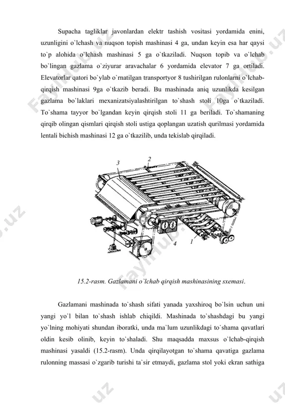 vaqt ketadi. qavatlarni qirqish, to`shamada ularni tekislash, milklarini to`g`rilash kabi hamma ishlarni to`shash jarayoni bilan bir vaqtda bajariladi. mnt-2-0-000 mashinasida tashish tasmalari 1 gazlama 2 ni karetka 3 yordamida torta borib, to`shama 4 ga taxlaydi. 15.2. bichish usullari mehnat unumini oshirish va mahsulot sifatini yaxshilashga alohida ahamiyat berilayotgan hozirgi paytda tikuvchilik sanoatida tayyorlov-bichish ishlarini avtomatlashtirish eng aktual masalalardan biridir, chunki gazlamalarni qo`lda to`shash va bichish nihoyatda ko`p jismoniy kuch talab qilish bilan birga, mehnat unumi nihoyatda past bo`ladi. 15.4-rasm. sirpantirib bichish mashinasining sxemasi bichish ishlarini avtomatlashtirish uchun yangi usullar topish kerak. bu yo`ldagi faol izlanishlar natijasida gazlamalarni qirqadigan asboblarning bir qancha yangi turlari topildi. qirqish asboblarining qaysi tipi ishlatilishiga qarab, hozirda mavjud bichish usullarini ma`lum sistemaga solish mumkin. bunday sistema asosan ikki xil: universal asboblarda bichish va maxsus asboblarda bichish sistemalari. universal asboblarda bichishga ko`chma bichish mashinalarida (disk pichoqlisi ham, vertikal pichoqlisi ham) bichish, lenta pichoqli mashinalarda bichish va qaychida …