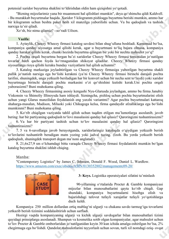 yurtma shaklini ishlab chiqishimiz kerak bo‘lgan nuqtaga keldik. bu 21x29,7 sm o‘lchamdagi bitta varaq bo‘ladi.xaridor uni katalogdan yirtib tashlaydi, to‘ldiradi, konvert shakliga qo‘yadi, qirralarini yopishtiradi va bizga pochta orqali yuboradi. buyurtma shakli varaqning faqat bir tomonida bo‘ladi. orqa tomonda shaklni konvertga va nyu-glarusdagi cheezy wheezy kompaniyasining pochta manziliga katlama bo‘yicha ko‘rsatmalar bo‘ladi; qolgan joyda biz ba’zi mahsulotlar uchun reklama joylashtiramiz. va endi biz pishloqdan tayyorlangan santa klaus qo‘g‘irchog‘ining shakli haqida o‘ylaymiz. "hozircha yetarli", dedi uilson. -biz bu yerga santa klaus qo‘g‘irchog‘ini muhokama qilish uchun emas, balki buyurtma shaklini ishlab chiqish uchun yig‘ildik. shuningdek, biz sotish muddatlarini muhokama qilishimiz mumkin. syuzan? syuzan mur bunga javoban shunday dedi:: - hozir bizning eng katta muammomiz-bu transport va jo‘natish xarajatlari. biz barcha raqobatchilarimizning kataloglarini ko‘rib chiqdik. ba’zilar ushbu xarajatlarni tovar narxiga kiritadilar, boshqalari buyurtma og‘irligiga qarab haq oladilar, boshqalari uning narxiga qarab, to‘rtinchisi esa yetkazib berish orqali tovarlar yetkazib berishadi. · yuk tashish xarajatlari …