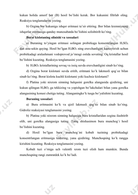 dni siqib chiqara olmaydi. agar oksid qavati bo`lmagan alyuminiy suvga solinsa suvdan vodarodni siqib chiqarib,al (oh)3 ga aylanadi. alyuminiy suyultirilgan va ayniqsa istalgan xlorid kislota hamda sulfat kislotada oson eriydi. ishqorlar eritmasida ham oson erib, alyuminatlar hosil qiladi. masalan: 2al +2naoh+2h2o=2naalo2 +3h2. sovuq nitrat kislota (konsentrlangan) alyuminiyni eritmaydi, balki uni sulfat va xlorid kislotalar “passiv“tasir etadigan holga keltiradi. alyuminiy yuqori temperaturada metal oksidlaridan metalni siqib chiqaradi. masalan: 2al + fe 2o 3 = al2o3 + 2fe. bu reaksiyalarni rus ximigi n.n.beketov kashf etgan (1859y). alyuminiyning birgina oksidi al2o3 bo`lib, bu oksid alyuminiy oksid yoki giltuproq deyiladi. alyuminiy va uning birikmalariga oid lar asbob va idishlar. 1) texno-kimyoviy tarozi (toshlari bilan). 2) shtativ (halqasi bilan). 3) payvandlash gorelkasi. 4) gorelka. 5) temir tigel. 6) chinni tigel. 7) chinni uchburchaklik. 8) chinni hovoncha. 9) chinni kosacha (kattasi). 10) voronka 11) uchiga platina yoki xrom nikel sim o’rnatilgan shisha tayoqcha. 12) 100 ml …