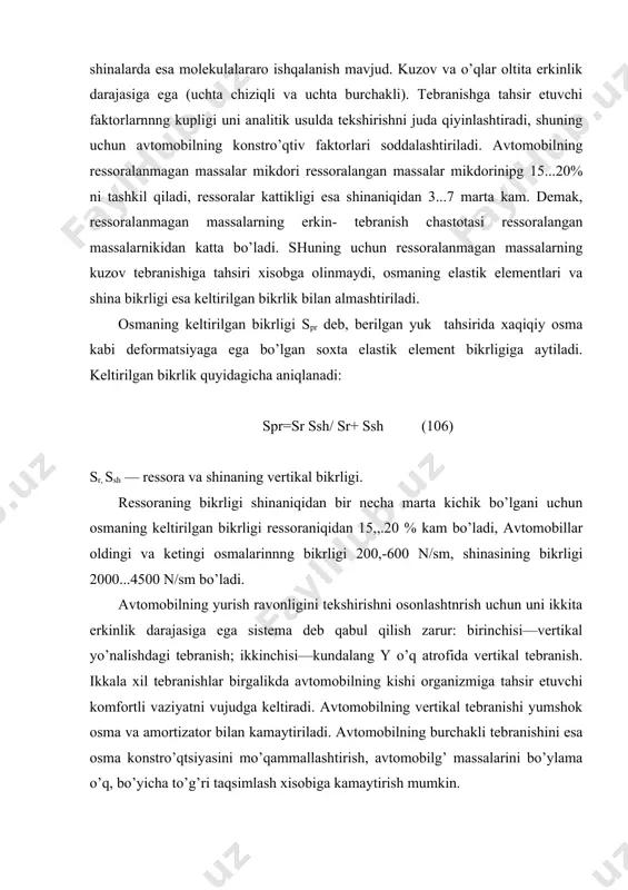 o’lsa, u turtqilarni shunchalik yaxshi sundiradi. shina elastikligi uning ichki bosimini kamaytirish xisobiga oshirilishi mumkin, lekin ichki bosim kamayganda shinaning yuk kutarish kuchi kamayadi, g’ildirashga qarshiligi esa kattalashadi. shuning uchun shinalardagi bosim instro’qtsiyaga mos bo’lishi kerak. adabiyotlar: 1. x.m.mamatov. avtomobillar. “o’zbekiston”, t.,1995,336 bet. 2. x.m.mamatov, yu.t.turdiev va boshqalar. avtomobillar. “o’qituvchi”, t., 1982 , 398 bet. 3. v.l.rogovtsev i dr. ustroystvo i ekspluatatsiya avtotransportnqx sredstv.”transport”, moskva.,1991., 432 str. 4. x.m.mamatov. avtomobili. “uzbekistan”, t.,1992., 238 str. 5. x.i.kirshe. legkovoy avtomobilg’ ot a do ya “transport”m., 1988 g., 176 str. 6. p.s.yaresg’ko, i dr. avtomobili kamaz voprosq i otvetq. “transport” m. 1989 g., 288 str. 7. uchebnoe posobie po texnicheskomu obslujivaniyu “damas, labo” deu, 283 str. 8. tiko avtomobillairining tuzilishi bo’yicha plakatlar to’plami o’quv qo’llanma. toshkent avtomobil yo’llari instituti, o’zbekiston respublikasi yo’l harakati xavfsizligi markazi. 9. nexia avtomobillairining tuzilishi bo’yicha plakatlar to’plami o’quv qo’llanma. toshkent avtomobil yo’llari instituti, o’zbekiston respublikasi yo’l harakati xavfsizligi …