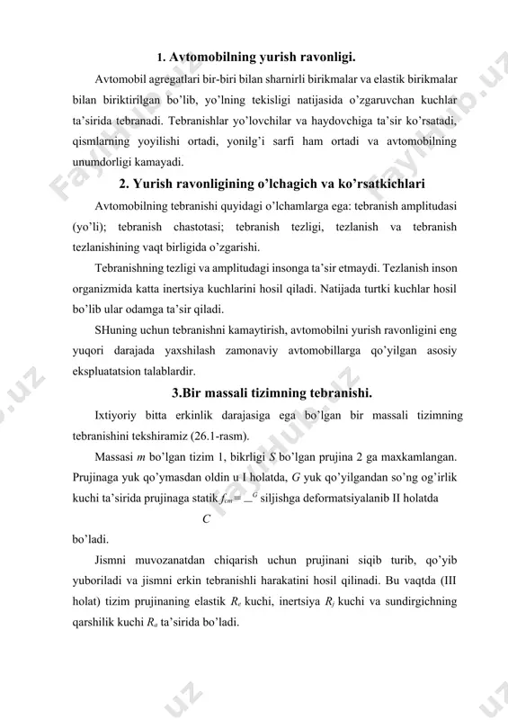 n so’ng og’irlik kuchi ta’sirida prujinaga statik fст = g siljishga deformatsiyalanib ii holatda c bo’ladi. jismni muvozanatdan chiqarish uchun prujinani siqib turib, qo’yib yuboriladi va jismni erkin tebranishli harakatini hosil qilinadi. bu vaqtda (iii holat) tizim prujinaning elastik re kuchi, inertsiya rj kuchi va sundirgichning qarshilik kuchi ra ta’sirida bo’ladi. tebranayotgan tizimga qalam o’rnatib harakatlanayotgan qog’oz lentaga qalam uchini tekizib qo’yilsa, bu lentada sinusoidli garmonik tebranishlar chizig’i hosil bo’lib, bunda ikkita ko’rsatkichni, ya’ni tizimning ii holatdan chiqib eng katta tebranish yo’li (amplituda) zmax va tebranish yo’llari orasidagi tebranish davri t ni ko’rish mumkin. bu holat uchun garmonik tebranishli harakatning differentsial 26.1-rasm. bitta erkinlik darajasiga ega bo’lgan bir massali tizimning tebranishi tenglamasi quyidagicha ifodalanadi: d 2z m + cz = 0 (14.1) dt2 bu yerda, m-tizimning massasi; s-elastik prujinaning bikrligi; z-tizimning tik siljishi; m d 2z2 - m markazning tezlanishi. dt yuqoridagi tenglama quyidagi yechimga ega: c z = zmax …