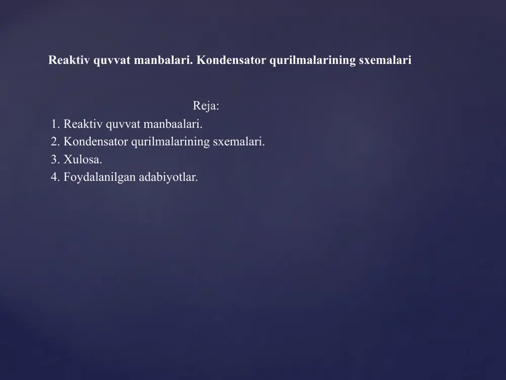 i kuchlanishlarga moʻljallangan boʻlib, bino ichkarisiga yoki tashqarisiga qoʻyilishi mumkin. kondensatorlar bir yoki uch fazali qilib ishlab chiqariladi. kuchlanishi 10 kvgacha boʻlgan kondensator batareyasida kerakli quvvatni olish uchun 3 fazali kondensatorlar, 20-35 kv li kondensator batareyada 1fazali kondensatorlar ketma-ket va parallel ulanib, batareya xosil qilinadi.kuchlanishi 380 voltli, 6 kv va 10 kv li kondensatorlar mavjud. ular mineral yog‘ shimitilgan (km turidagi) va sintetik suyuqlik shimitilgan (ks) turida boʻladi. 4 kondensatorlarning reaktiv quvvatni kompensatsiyalashda keng ishlatishiga asosiy sabablar quyidagilardan iborat: aktiv quvvatning solishtirma isrofi 0,005 kvt/kvar gacha kichik boʻlishi mumkin; ekspluatatsiyasi va montaj ishlari oson bajariladi; narxi nisbatan arzon; massasi yengil; shovqinsiz ishlaydi; kondensator batareyasini iste’molchilar guruhining joylashgan maydoniga oʻrnatish mumkin. kondensator batareyalarining kamchiliklari: yongʻindan xavfliligi, qoldiq zaryadning mavjudligi; oʻta kuchlanish va tokning sakrashlariga sezgirligi; generatsiya qilinayotgan quvvat miqdorining kuchlanishga uzviy bogʻliqligi(q=u2wc). 1.2-rasm. reaktiv quvat manbalari. kondensator batareyalari uch fazali tarmoqqa uchburchak shaklida ulanadi. bunday ulanganda har bir elementdagi kuchlanish qiymati …