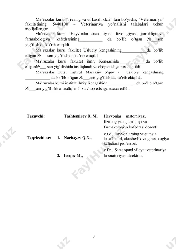 siyatlari 8. sport otlarining organizmida mashq qildirish va musobaqa paytida paydo bo’ladigan o’zgarishlar 9. teri kasalliklari 10. otlarning yurak – qon tomir tizimi patologiyasi 11. asab tizimi patologiyasi 12. muskul kasalliklari 13. oshqozon – ichak tizimi patologiyasi 14. otlarda uchraydigan yuqumli va invazion kasalliklar patologiyasi 15. modda almashinuvi buzilishlari patologiyasi 1 - mavzu. kirish. ot sportining mohiyati 1.1. ma’ruza mashg’ulotini o’qitish texnologiyasi vaqt: 2 soat talabalar soni: 75 ta o’quv mashg’uloti shakli kirish, vizual ma’ruza o’quv mashg’uloti rejasi 1. kirish. 2. ot sportining mohiyati. 3. sport otlari zotlari 4. ayrim sport otlarining tavsifi 4.1. salt miniladigan ot zotlari 4.2. yo’rtoqi ot zotlari 5. otga yaqinlashishda va u bilan ishlashda havfsizlik texnikasi o’quv mashg’ulot maqsadi: “trening va ot kasalliklari” fanining mohiyati, sport otlari zotlari, ayrim sport otlarining tavsifi, salt miniladigan ot zotlari yo’rtoqi ot zotlari, otga yaqinlashishda va u bilan ishlashda havfsizlik texnikasi to’g’risida bilimlarni hamda to’liq tasavvurni shakllantirish. pedagogik vazifalar: …
