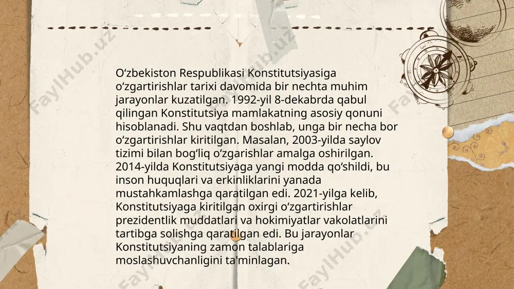 rildi. boshqaruv jarayonlarining samaradorligini oshirish maqsadida loyiha boshqaruv tizimi joriy qilindi. texnologik yangilanishlar tufayli elektron davlat xizmatlari soni 120 dan 230 tagacha koʻpaytirildi. bu oʻzgarishlar xalqaro reytinglarda davlat boshqaruvi samaradorligini 10 oʻrin yuqoriga koʻtardi. yangi qonun talablari asosida kadrlar tayyorlash dasturiga ham oʻzgartirishlar kiritildi. ... t.me/slaydai_bot parlamentning o'zgartirishlar jarayonidagi roli muhim ahamiyatga ega. parlament qonunchilikni qabul qilish, o'zgartirish va bekor qilish huquqiga ega. o'zbekistonda parlament ikki palatali tuzilishga ega: qonunchilik palatasi (150 deputat) va senat (100 senator). qonunchilik palatasida qonun loyihalari ko'rib chiqiladi va ovozga qo'yiladi. senat esa qonunlarni tasdiqlaydi yoki rad etadi. har bir palatada qonun loyihasining muhokama va qabul qilinishi jarayoni mavjud. o'zgarishlar jarayonida parlament a'zolari konstitutsiya va xalq manfaatlarini himoya qilishga intiladi. shu bilan birga, parlament hukumat faoliyatini nazorat qiladi va davlat budjetini tasdiqlaydi. ... t.me/slaydai_bot sud tizimida konstitutsiyaviy o'zgartirishlar huquqiy tizimni mustahkamlash va adolatni ta'minlashda muhim rol o'ynaydi. ushbu o'zgartirishlar orqali sudlarning mustaqilligi kuchaytirilishi mumkin, bu …