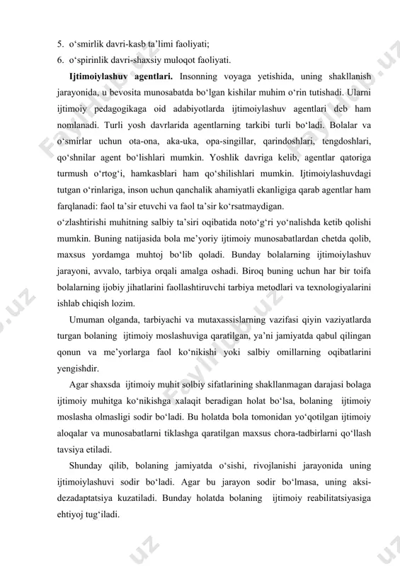 rini faollashtiruvchi tarbiya metodlari va texnologiyalarini ishlab chiqish lozim. umuman olganda, tarbiyachi va mutaxassislarning vazifasi qiyin vaziyatlarda turgan bolaning ijtimoiy moslashuviga qaratilgan, ya’ni jamiyatda qabul qilingan qonun va me’yorlarga faol ko‘nikishi yoki salbiy omillarning oqibatlarini yengishdir. agar shaxsda ijtimoiy muhit solbiy sifatlarining shakllanmagan darajasi bolaga ijtimoiy muhitga ko‘nikishga xalaqit beradigan holat bo‘lsa, bolaning ijtimoiy moslasha olmasligi sodir bo‘ladi. bu holatda bola tomonidan yo‘qotilgan ijtimoiy aloqalar va munosabatlarni tiklashga qaratilgan maxsus chora-tadbirlarni qo‘llash tavsiya etiladi. shunday qilib, bolaning jamiyatda o‘sishi, rivojlanishi jarayonida uning ijtimoiylashuvi sodir bo‘ladi. agar bu jarayon sodir bo‘lmasa, uning aksi-dezadaptatsiya kuzatiladi. bunday holatda bolaning ijtimoiy reabilitatsiyasiga ehtiyoj tug‘iladi. ijtimoiy tarbiyaning variativligi shaxs ehtiyojlarining xilma-xilligi bilan aniqlanadi. tarbiya variativligi tamoyili insonning mintaqaviy va lokal darajada umuminsoniy qadriyatlarga asoslanib, etnik xususiyatlar, shuningdek mintaqaviy munitsipial va lokal sharoitlarni inobatga olib, insoniy, yosh, differensial va individual yondashuvlar asosida manaviy qadriyat jihatidan tarbiyalashni amalga oshirishda muhim o‘rin tutadi. ijtimoiy tarbiyaning variativligi tamoyilining ta’rifini …