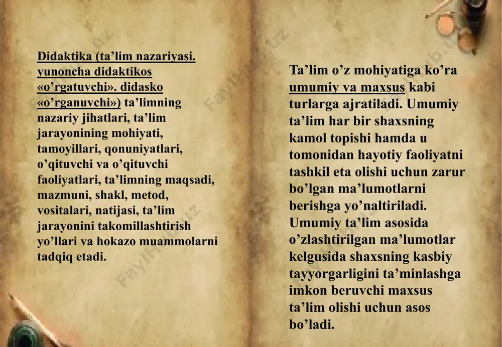 tkazdi. 3. pedagogika fanining asosiy tushunchalari (kategoriyalari) va o’zaro bog’liqliklari pedagogika fanining asosiy kategoriyalari. bizga yaxshi ma`lumki, har bir fan o’zining tayanch tushunchalari, qonuniyatlari, tamoyillari, qoidalari tizimiga ega. aynan mana shu holat uning fan sifatida e’tirof etilishini kafolatlaydi. fanning mohiyatini ochib beruvchi eng muhim, asosiy tushuncha kategoriya deb ataladi. pedagogika fanining asosiy kategoriyalari shaxs kamolotini ta`minlash, ta’lim va tarbiya samaradorligiga erishga qaratilgan jarayonlarning umumiy mohiyatini yoritadi. eng muhim kategoriyalar sirasiga quyidagilar kiradi: shaxs, tarbiya, ta’lim (o’qitish, o’qish), bilim, ko’nikma, malaka, ma`lumot, rivojlanish. turkiy xalqlarning yozma ma’rifiy yodgorliklari o’ziga xos xususiyatga ega bo’lib, ular yangi davr kishisini tarbiyalashda muhim ahamiyat kasb etadi. bular “o’rxun-enisey yodgorliklari», «irq yozuvlari» (ta’birnoma) kabilardir. eng qadimgi turkiy tilda yaratilgan va turk-runiy yozuvida bitilgan o’rxun-enisey bitiklari vi-viii asrlarda yozib qoldirilgan bo’lib, ular ta’lim-tarbiyaga oid qimmatli ma’lumotlar beradi. toshga o’yib yozilgan o’rxun-enisey yodgorliklari dastlab yenisey havzasida, so’ngra mo’g’ilistonning o’rxun daryosi bo’yidan topilib, daniyalik olim vilg’gelm tomson 1893 yilda …