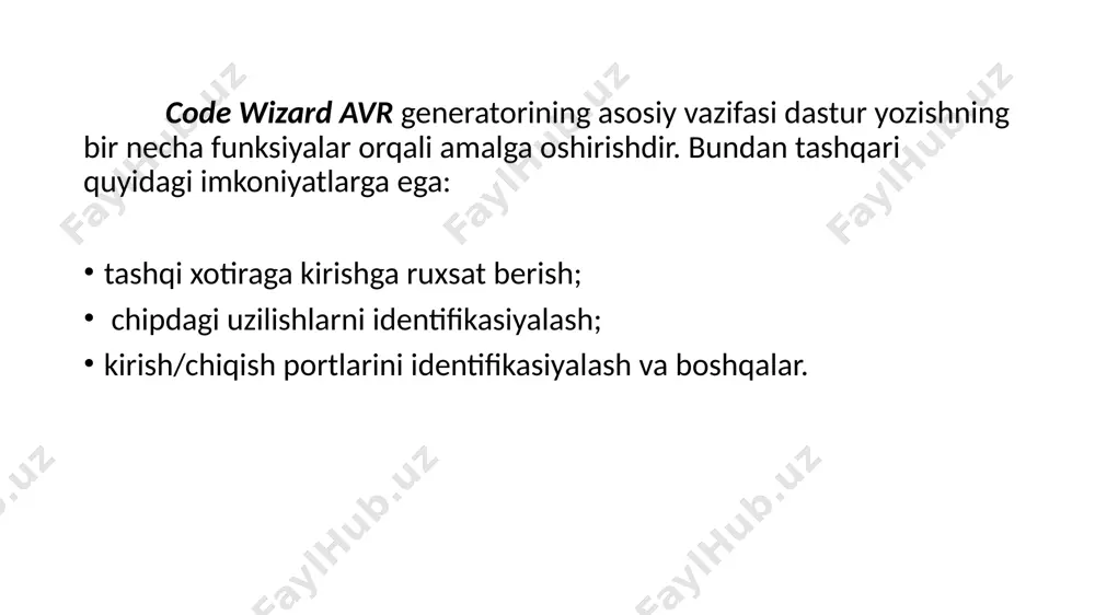 ; - a identifikatori o’rniga 15 qiymati. #define b (a+20); - b identifikatori o’rniga (a+20) identifikatori. #define derektivasining boshqa shakli ham bo’lib, unda funksiyalardan foydalanish mumkin. masalan: #define x(a,b,c) (a*b-c); x(a,b,c) ko’rinishidagi funksiya ifodasi a*b-c shaklida degani. #undef – ushbu derektiva #define derektivasida aks ishlaydi. masalan: #undef a; a identifikatorini yo’q qilish. #if, #ifdef, #ifndef, #else va #endif – ushbu derektivalar shartli kom’lyasiyalarda ishlatiladi. #line – makrosni o’zgartirish uchun ishlatiladi. unda _line_ va _file_ kalit so’zlar ishtirok etadi. masalan: #line 25 test.c. #define derektivasi – o’zgarmas kattaliklarni aniqlash uchun ishlatiladi. izoh izoh (comment) – c dasturlash tilida izoh qatorli yoki matnli shakllanda bo’ladi. qatorli izoh “//” orqali, matnli esa “/*….*/”.izoh dasturda bajarilayotgan davrda tushinarli bo’lishi uchun yoziladi. izoh matn va qator uchun berilishi mumkin. matn uchun: /*matn uchun*/ qator uchun: // qator uchun shaklida bo’ladi. ma’lumotlar toifasi – c dasturlash tilida o’zgaruvchilarga oldindan ajratiluvchi joy ma’nosini anglatadi. kengaytirilgan ko’rinish: c …
