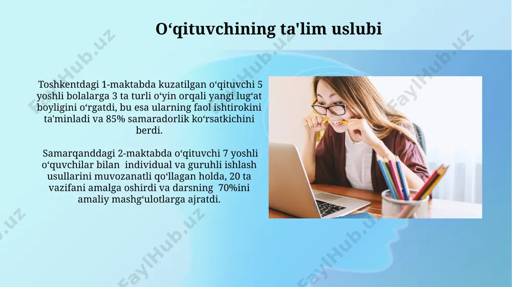 kich, jumladan, daftar, darslik va yozuv materiallarining mavjudligi tahlil qilindi. farg'ona shahridagi 10-maktabda o'tkazilgan tajriba shuni ko'rsatdiki, darsga 15 daqiqa oldin tayyorgarlik ko'rgan o'quvchilarning faolligi va ishtiroki 20% ga oshgan. oʻquvchilarning oʻzlashtirishi toshkentdagi 1-maktabda oʻtkazilgan kuzatuvlar shuni koʻrsatdiki, 20 nafar oʻquvchidan 15 nafari oʻquv materialini 80% dan yuqori darajada oʻzlashtirgan. samarqand viloyatida joylashgan maktabda oʻtkazilgan tadqiqotlar, 3-sinf oʻquvchilarining 70%i matematika fanidan oʻrtacha koʻrsatkichlardan past natijalarga erishganini koʻrsatdi. bu, oʻquv jarayonining samaradorligini oshirishga ehtiyoj borligini bildiradi. kuzatuv natijalarining talqini kuzatuv natijalari maktabning 3-sinfida 25 nafar o‘quvchining 70% matematikada faol ishtirok etganligini ko‘rsatdi, bu esa samarqanddagi boshqa maktablarning o‘rtacha ko‘rsatkichlaridan yuqori. farg‘ona viloyatidagi 5 ta maktabda o‘tkazilgan kuzatuvlar shuni ko‘rsatdiki, o‘quvchilarning 80% samarali o‘rganish uchun kamida 2 soat uy vazifasiga vaqt ajratadilar, lekin samaradorlikni oshirish uchun qo‘shimcha yordam kerak. kuzatuv jarayoni кузатув давомида ўқувчиларнинг 70% иштироки фаол бўлганлиги, 30% пассив кузатувчи бўлгани аниқланди, бу самарқанд вилоятидаги тажрибадан фарқ қилади. анкета ва кузатув …