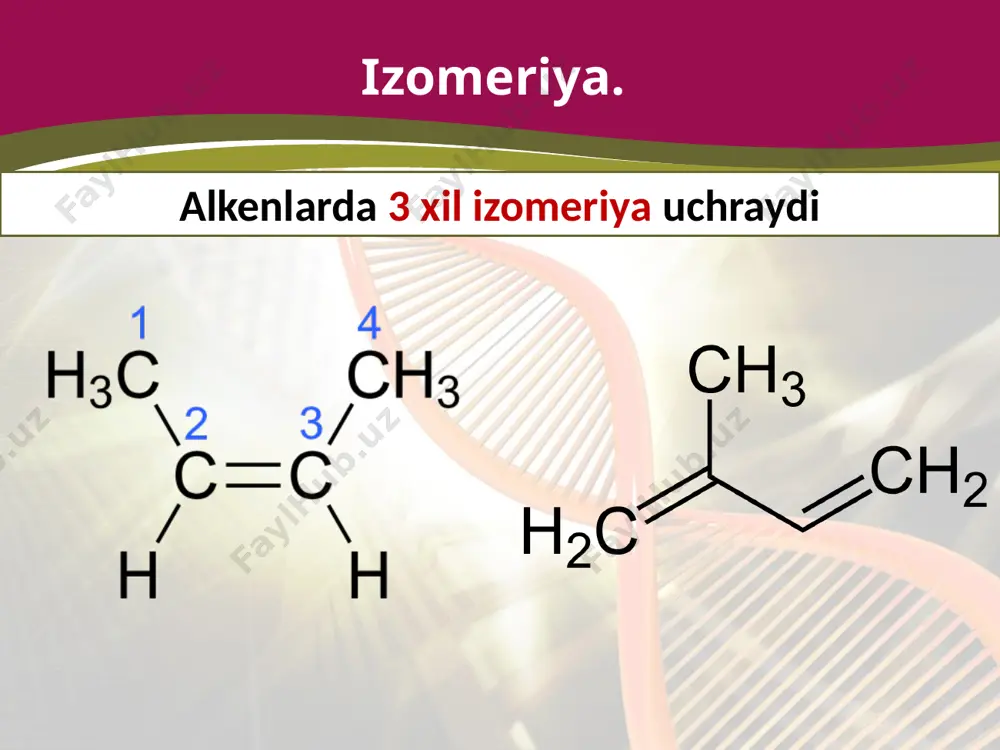 di va unda birinchiugleroddagi bitta vodorodni o‘rnini metil radikali, ikkinchi ugleroddagi vodorodni etil radikali egallaydi. agar, etilen molekulasidagi uchta yoki to’rtta vodorod atomini o’rnini har xil radikallar egallagan bo’lsa, sis- va trans-izomerlarni o’rniga z va e izomerlar qo’llaniladi. (e-entgegen-qarama-qarshi; z-zusammen-birga). image2.jpg image3.png image4.png image5.png image6.png image7.jpeg image8.jpeg image9.jpeg image10.jpeg image11.jpeg image12.jpeg image13.png image14.png image15.jpeg image16.png image17.jpeg image18.jpeg image19.png image20.jpeg image21.gif image22.jpeg image23.png image24.png image25.png image1.jpg