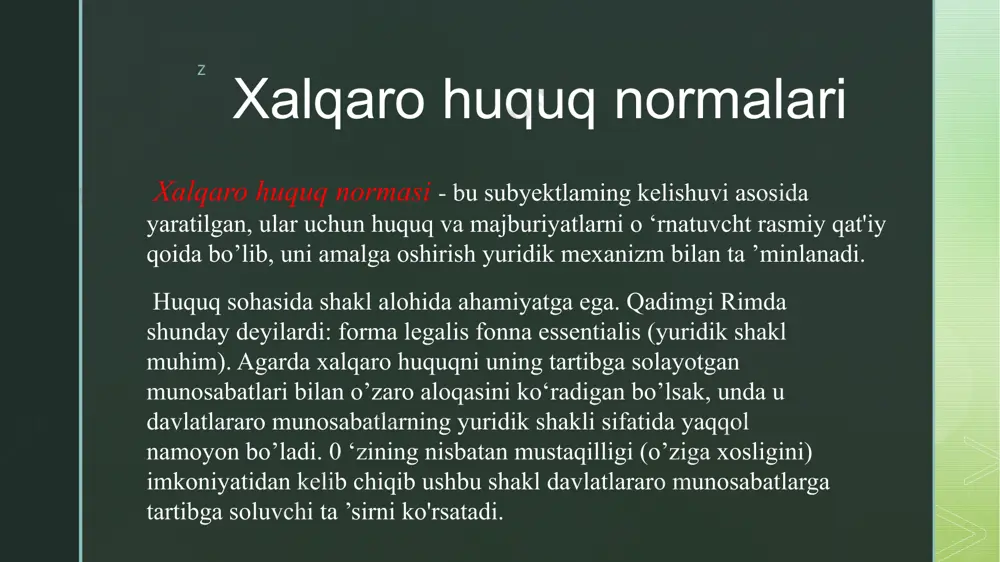 ham davom etmoqda. shu bilan birga, universal normalar mintaqaviy tizim rivojiga ko‘maklashadi, ularga boy tajribani yetkazib beradi; lokal normalar xalqaro huquqning ikki yoki bir nechta subyektlari ohtasidagi munosabatlami tartibga soladi. 3. ta’sir qilish tavsifiga ko‘ra: -taqiqlovchi; - ruxsat beruvchi; -v a k o la t beruvchi. z 4. tizimdagi funksiyasi bo‘yicha: moddiy va protsessual: protsessual norma xalqaro huquqni yaratish va amalga oshirish jarayonlarini tartiga soladi. 5. manbasiga ko‘ra: - oddiy; - shartnomaviy; -xalqaro tashkilotlaning qarorlari normasi. shuningdek, havolaki normalar ham mavjud, ular boshqa normalarda qayd etilgan qoidalarga murojaat etishni talab qiladi. turli xildagi bir nechta normalar hisoblangan tashkiliy normalar ham ajratilgan. ularning vazifasi xalqaro organlar va tashkilotlar faoliyatini tartibga solib turadi. z xalqaro huquq manbalari tushunchasi xalqaro huquq manbalarini xalqaro-huquqiy normaning ifodasi shakli sifatida hisoblash odat tusiga kirgan. xalqaro huquq normalari ikkita ma’noda tushuniladi: moddiy (jamiyat hayotining moddiy sharoiti) va rasmiy (huquq normasining ifodalanganlik shakli). ular davlatlar tomonidan tan olingan …