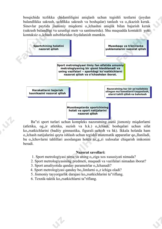 – chegaralangan vaqt oralig„ida muvofiqlashtirilgan murakkab harakatlarni bajarish qobiliyati. odatda, chaqqonlik taniqli mashqlar yordamida testlash orqali baholanadi: yugurib borib kelish, tez burilishlar va boshqalar. bunda, ularni bajarish texnikasi va vaqti baholanadi. 3. texnik-taktik ko‘rsatkichlar. sportchining texnik harakati turli–tumanlik va hajmi bilan tavsiflanadi. texnika hajmi – bu sportchi amalga oshirishi mumkin bo„lgan barcha maxsus harakatlar jamlanmasi. texnikaning turli–tumanligi – bu maxsus harakatlarni bajarishning turli variantlarini soni. harakatlar jamlanmasi va turli–tuman variantlar soni to„g„ridan–to„g„ri sanash yoki suratga olish yordamida aniqlanadi. ma‟lum bir harakatni ko„p marotaba takrorlashda texnika o„zgarishsiz qoladi. bunda harakatni bajarish chidamliligi, stabilligi tushunchalari ham mavjud. harakat taktikasi – bu, kurashni olib borish usullarining mosligi. taktikaning negizida musobaqalarni olib borishning ko‘p variantliligi va optimal variantini tanlash yotadi. ko„p variantlilik harakatlar soni va ularning kombinatsiyalarini hisoblash bilan bog„liq. sportchining tayyorgarligini nazorat qilish ko„pchilik mutaxassis–pedagog, shifokor, fiziolog, biokimyochi, psixolog, biomexanik mutaxassislar tomonidan birga o„tkazilganda yuqori samara beradi. majmuaviy nazorat qilish orqali sportchining holati …