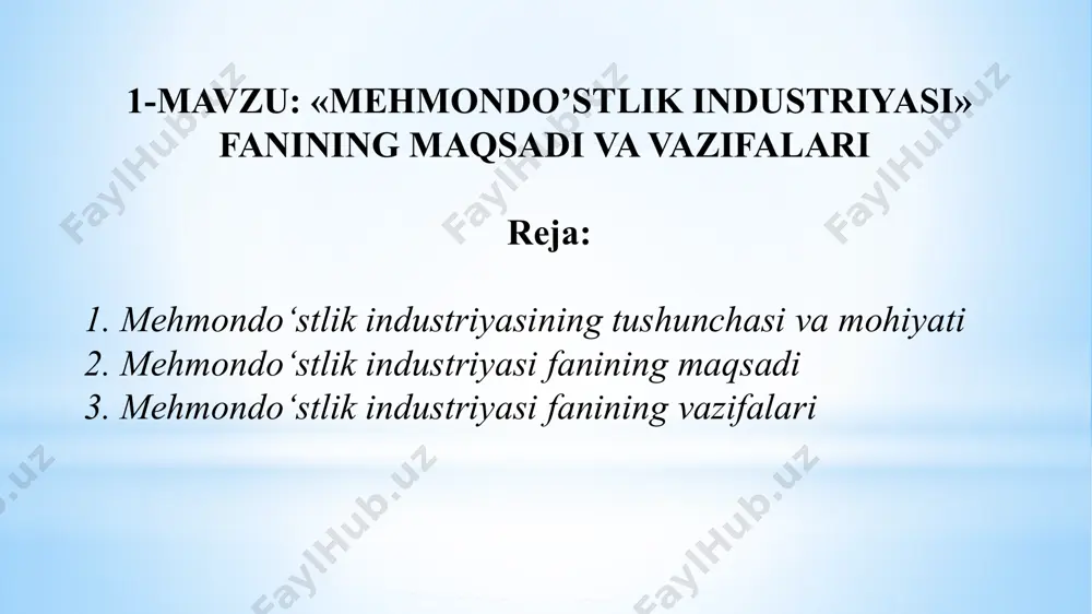 , mehmondo‘stlik industriyasi bu mehmonlarga nisbatan xushmuomalalik va iltifotni ifodalovchi, mehmondorchilik prinsiplariga tayanuvchi xizmat turlaridan tashkil topgan tadbirkorlik sohasidir. biroq b.l.solovev va l.a.tolstovlarning fikricha, mehmondo‘stlik industriyasining asosiy tarkibiy qismlari bo‘lib, yuqorida qayd qilingan faoliyat turlari ro’yxati emas, balki mehmondo‘stlik biznesida samarali faoliyat ko‘rsatishning asosiy me’zoni bo‘lib hisoblanadi. mehmondo’stlik turizmning bir qismi sifatida mazkur sohaning rivojlanishi uchun katta ahamiyatga ega. shu tufayli mehmondustlik industriyasini tashkil qilish ham sohaning barqaror rivojlanishini ta’minlaydi. bularni inobatga olib mehmondo’stlik industriyasining ham ta’rifini ishlab chiqish maqsadga muvofiq, deb topildi. mehmondo’stlik industriyasi deganda mehmondo’stlikni amalga oshirish bilan bog’liq xizmatlar bozorini shakllantirish va rivojlantirishga qaratilgan tadbirkorlik faoliyati tushuniladi. turizmga oid adabiyotlarda «turizm va mehmondo’stlik industriyasi» termini keng qo’llanilib kelinmoqda. unda e’tirof etishilicha mehmondo’stlik turizmga nisbatan kengrok va umumiy tushuncha deb karalmokda. chunki, uning vazifasi nafakat turistlarning ehtiyojlarini, balki barcha iste’molchilar ehtiyojlarini kondirishga karatilgan, deyilmokda. bizning fikrimizcha, turizm va mehmondo’stlikni ayri xolda karab bulmaydi. shu tufayli mehmondo’stlik industriyasini ham …