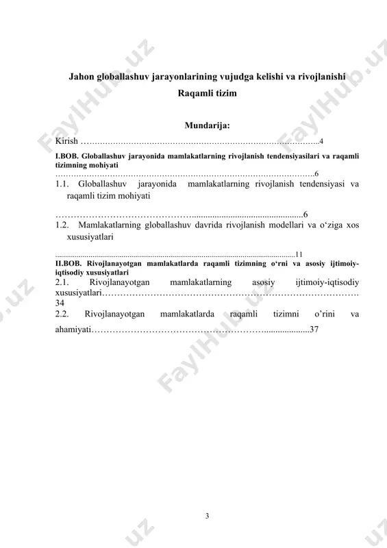 orqali sezilarli darajada tezlashdi. internet axborot, tovarlar va xizmatlar almashinuvini o'zgartirib, o'zaro bog'langan iqtisodiyot va madaniyatlarni rivojlantirdi. raqamli platformalar tezkor aloqa va global bozorlarga kirish imkonini beradi, bu esa korxonalarga kengroq auditoriyani qamrab olish imkonini beradi. ijtimoiy tarmoqlar va elektron tijorat geografik to'siqlarni yo'q qilib, madaniy almashinuv va iqtisodiy integratsiyani osonlashtiradi. raqamli tizim xalqaro hamkorlik, masofaviy ish va innovatsiyalarni rivojlantirishda ham muhim rol o'ynaydi. biroq, inklyuziv o'sishni ta'minlash uchun raqamli tengsizlik, kiberxavfsizlik tahdidlari va ma'lumotlar maxfiyligi bilan bog'liq muammolar kabi muammolarni hal qilish kerak. rivojlanayotgan mamlakatlar. ularga yer yuzi aholisining 70 %, jahon mineral xom ashyo zahiralarining qariyib yarim qismi to‘g‘ri keladi. jahon sanoat eksportida ularning ulushi 30 % ni tashkil etadi. rivojlanayotgan mamlakatlar uchun ishlab chiqarish kuchlari taraqqiyotining past darajadaligi, ko‘p ukladlilik (natural, mayda tovarlik, xususiy kapitalistik, davlat xo‘jaligi), jahon bozorida qishloq xo‘jaligi xom ashyosi va mineral yarim fabrikatlar bilan tovar almashish, moliyaviy vositalarning yetishmasligi harakterlidir. rivojlanayotgan mamlakatlar o‘z …