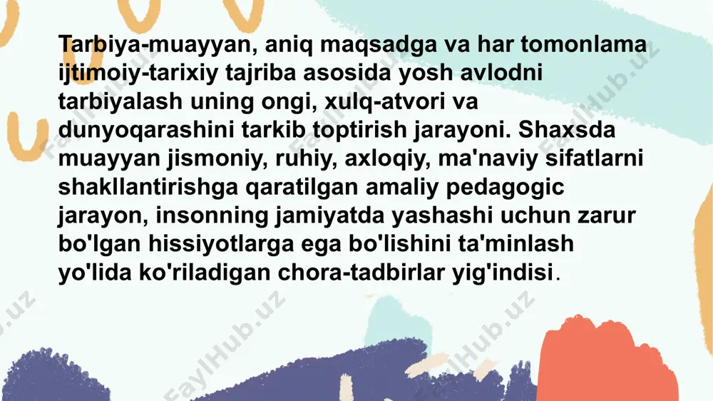 oshidagi o'quvchilarni bilish faoliyatiga jalb etish turli aqliy faoliyat usullarini taqozo qiladi. o'quvchilarning bilim zaxiralari moddiy olam haqidagi tasavvurlari yordamida boyib borib bilish faoliyatining shakllanishida o'quv jarayoni muhim o'rin egallaydi. click here to add to the title your text has been concise and well-written, but the information is inextricably inextricable and needs to be expressed in more words; but please refine the essence of your thought as much as possible, and express your views appropriately, often with twice the result with half the effort. misol uchun, bolada mantiqiy uylash etilmay turib uni mantiqiy fikr yuritishga o'rgatish foydasiz. 3-7 yoshli davrdagi bolalarning asosiy faoliyati quyidagicha: • predmetli o'rganish; • individual va predmetli o'yinlar, jamoaviy syujetli rolli o'yinlar; • individual va guruhlarda ijod; • musobaqa o'yinlari; • munosabat o'yinlari; • ro'zg'or mehnati click here to add the text, the text is the extraction of your thought, please try to explain your point …