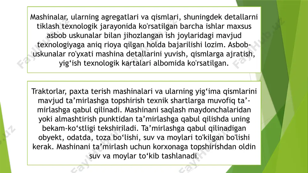va boshqalar) bezaladi va silliqlanadi. xulosa ma’lumki, mashinalar, agrégat yoki qismlarning ish qobiliyatini va ta’mirlararo ish muddatini tiklash texnologik jarayoniga m ashinalar, agrégat yoki qismlarni ta’mirlash deb aytiladi. demak, ta’mirlashga faqat ish muddatini o‘tab bo ‘maganligi sababli ish qobiliyatini yo‘qotgan detallar (nuqsonlarga ega), qismlar yoki agregatlarni (dvigatel, uzatmalar qutisi va boshqalar) jo’natish kerak. ta’mirlash jarayonida ishdan chiqqan, shuningdek qoldiq ish muddati ta’mirlararo ish muddatidan kam bo‘lgan detallar va qismlar almashtiriladi. ta’mirlararo ish muddati qancha katta bo‘lsa, ta’mirlashda shuncha ko‘p detallar almashtiriladi, shuncha ko‘p ehtiyot qismlar sarflanadi va ta’mirlash narxi yuqori bo‘ladi. boshqa tomondan, mashinaga qancha ko‘p yangi yoki tiklangan detallar (agrégat, qism) qo’yilgan bo'lsa, uning ta’mirdan keyingi buzilmay ishlash va uzoq vaqtga chidamlilik ko'rsatkichlari shuncha yuqori bo‘ladi. foydalanilgan adabiyotlar 1. ashirbekov i.a, gorlova i.g. mashinalar ishonchliligi va texnik servisi (o‘quv qo‘llanma). –toshkent: toshdau, 2011. 2. yo‘ldoshev sh.u. mashinalar ishonchliligi va ta’mirlash asoslari. - toshkent: o‘zbekiston, 2006 y 3. yo‘ldoshev sh.u. …